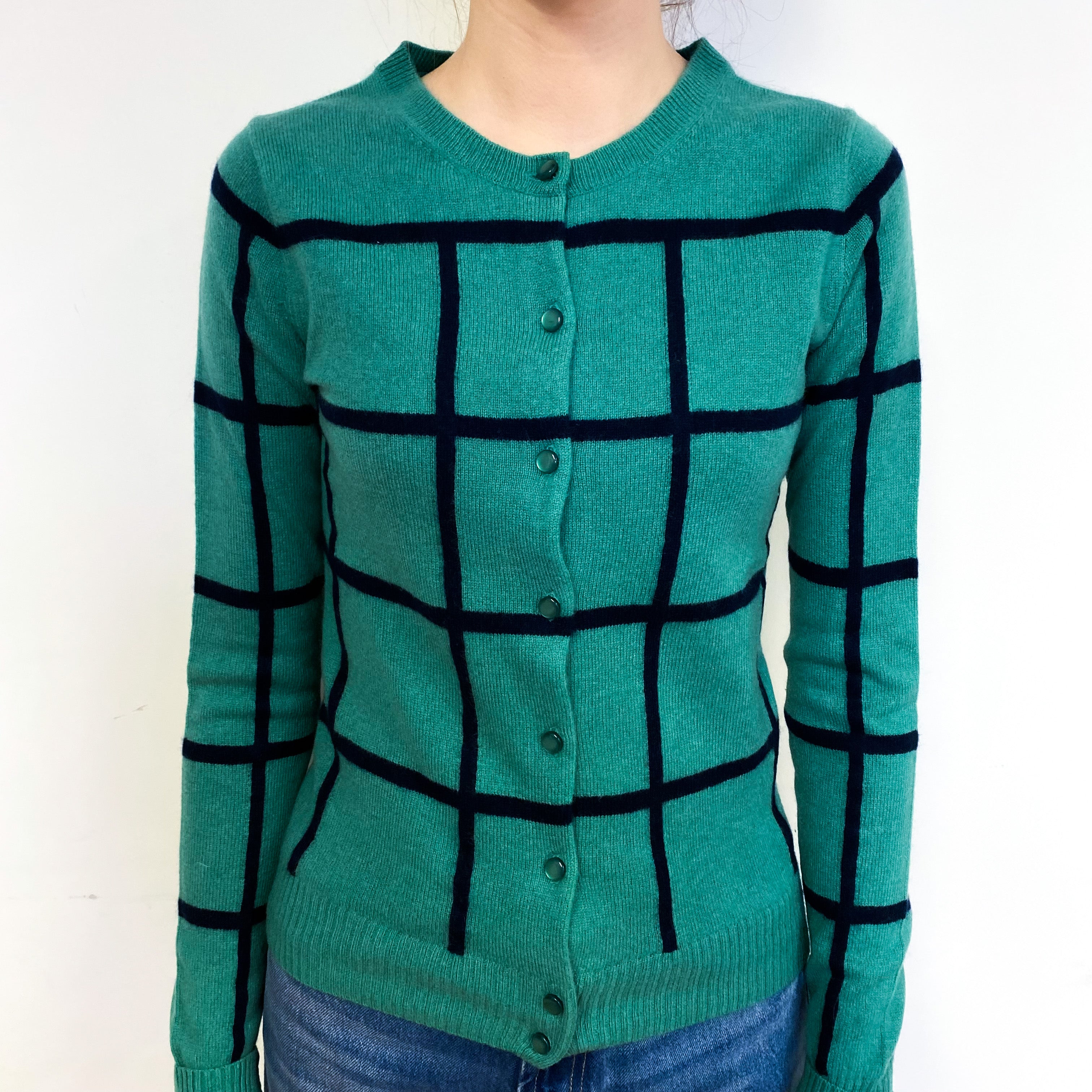 Jade Green Navy Checked Cashmere Crew Neck Cardigan Extra Small