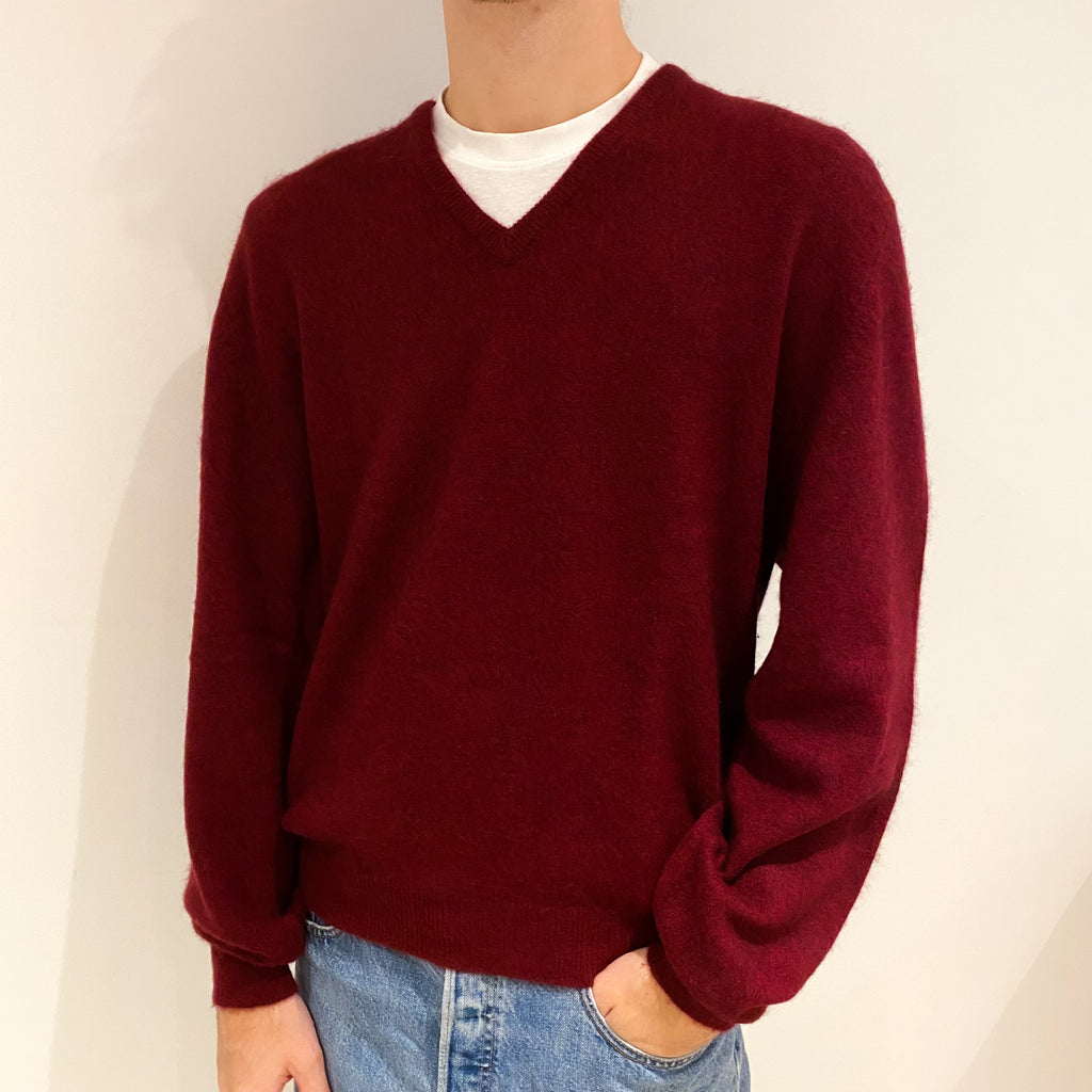 Men's Scottish Burgundy Red Cashmere V Neck Jumper Large