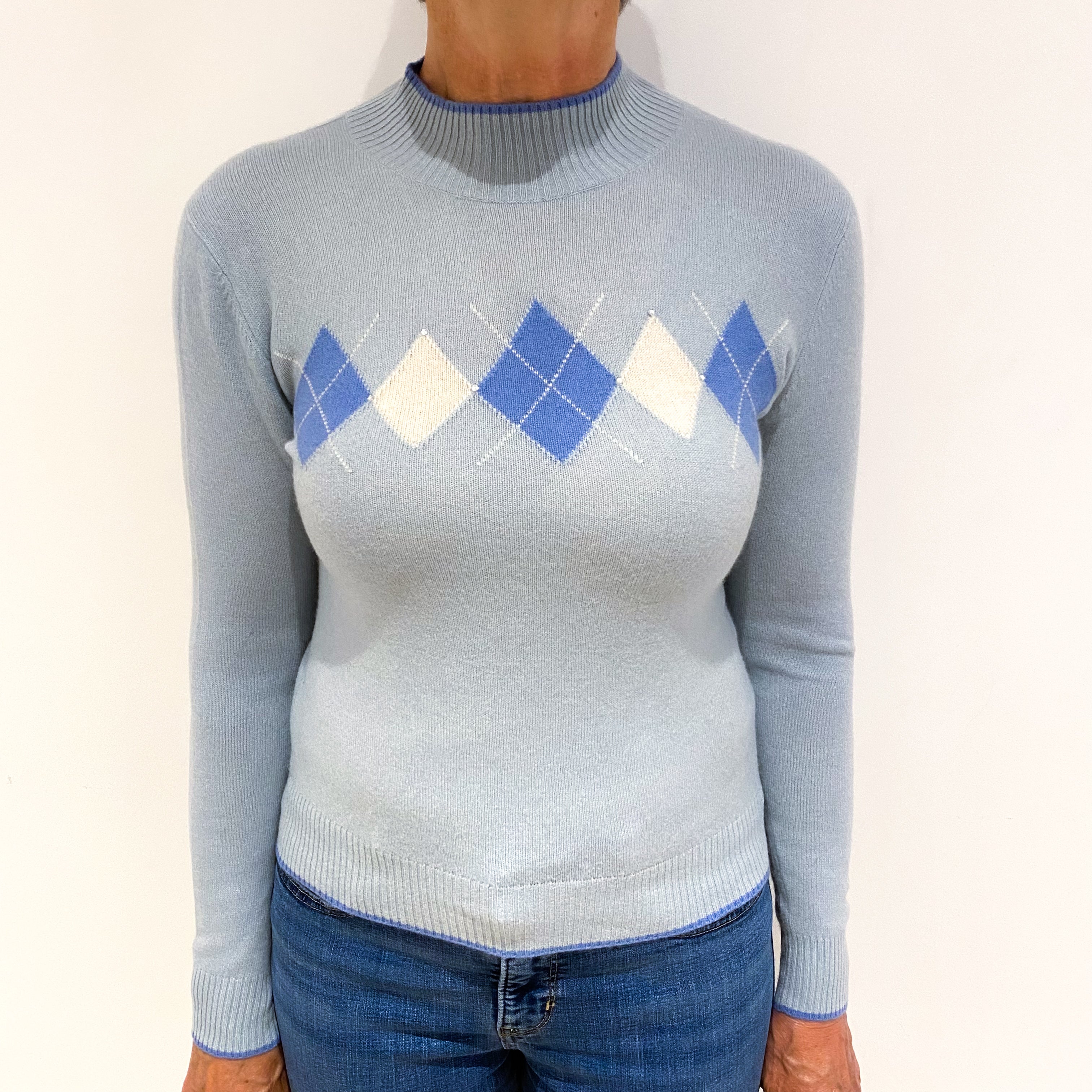 Ice Blue Diamond Cashmere Polo Neck Jumper Medium