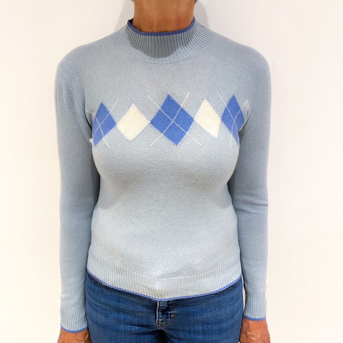 Ice Blue Diamond Cashmere Polo Neck Jumper Medium