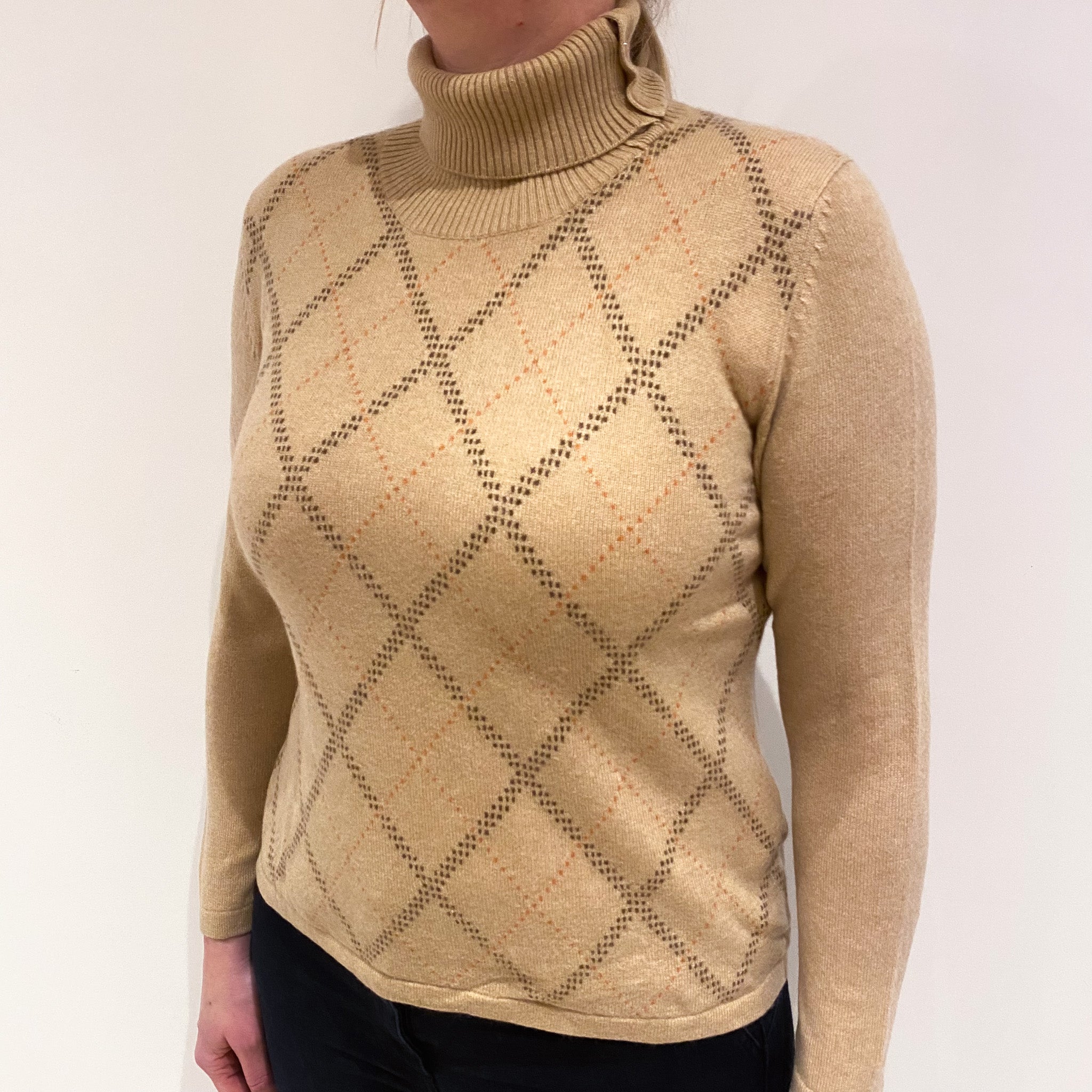 Caramel Brown Diamond Cashmere Polo Neck Jumper Large
