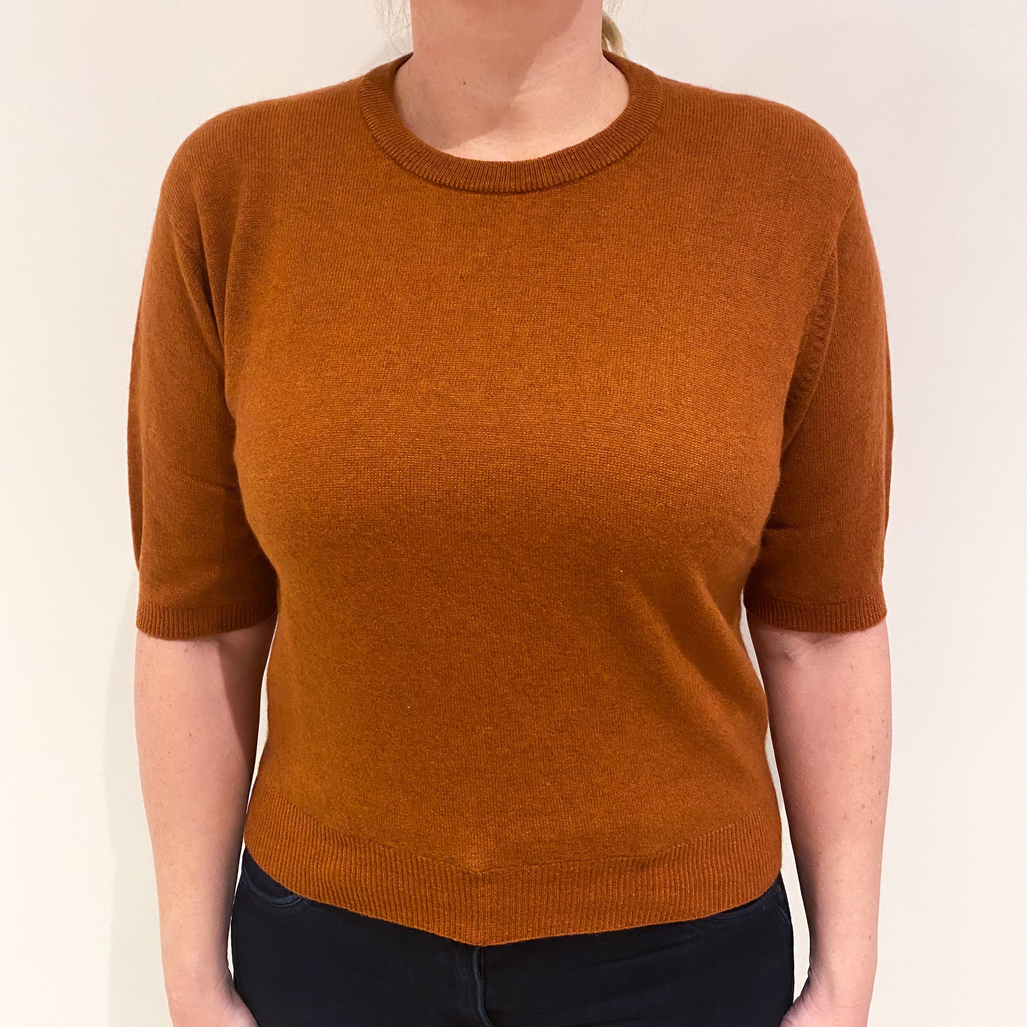 Cinnamon Brown Short Sleeve Cashmere Crew Neck Jumper Large