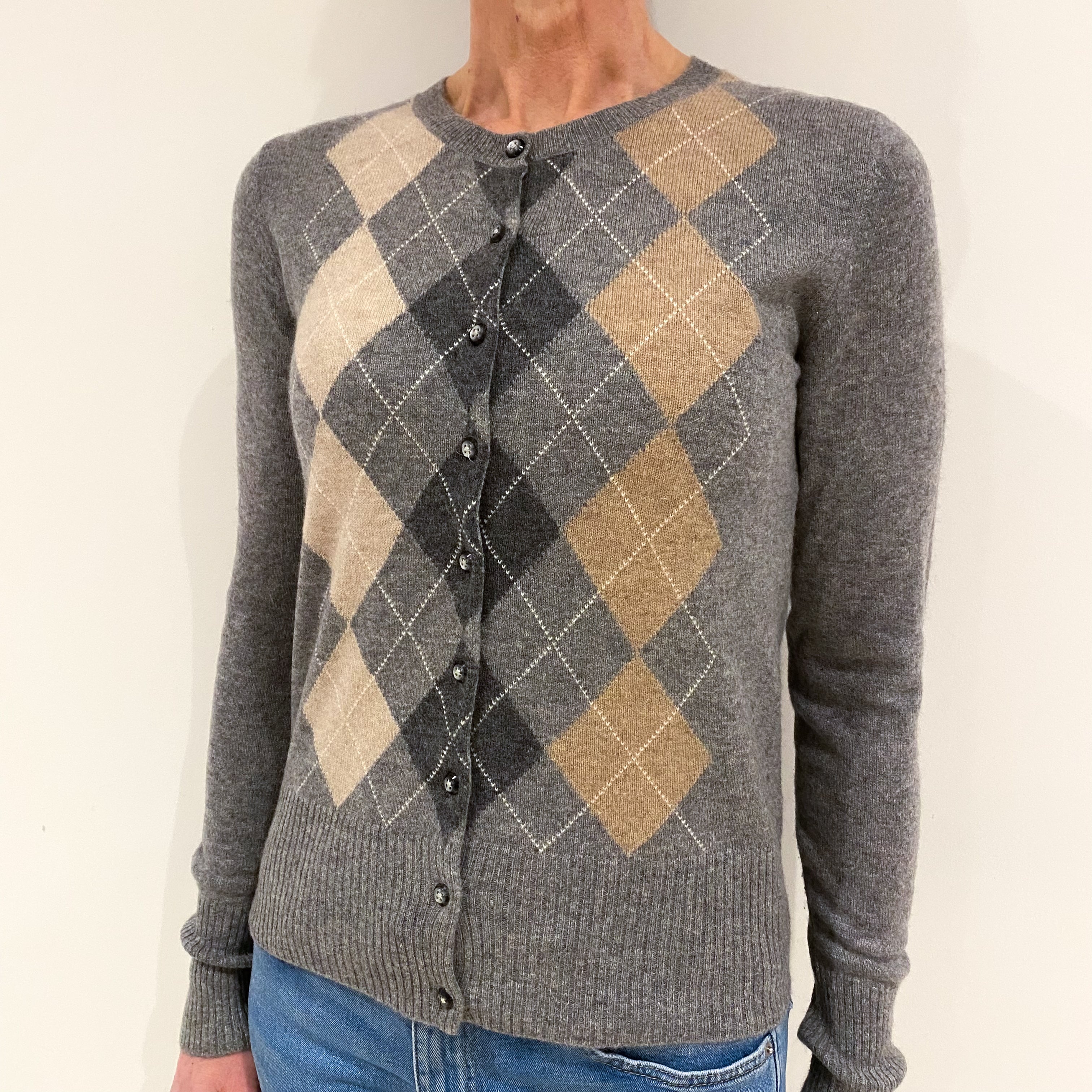 Smoke Grey Diamond Pattern Cashmere Crew Neck Cardigan Small