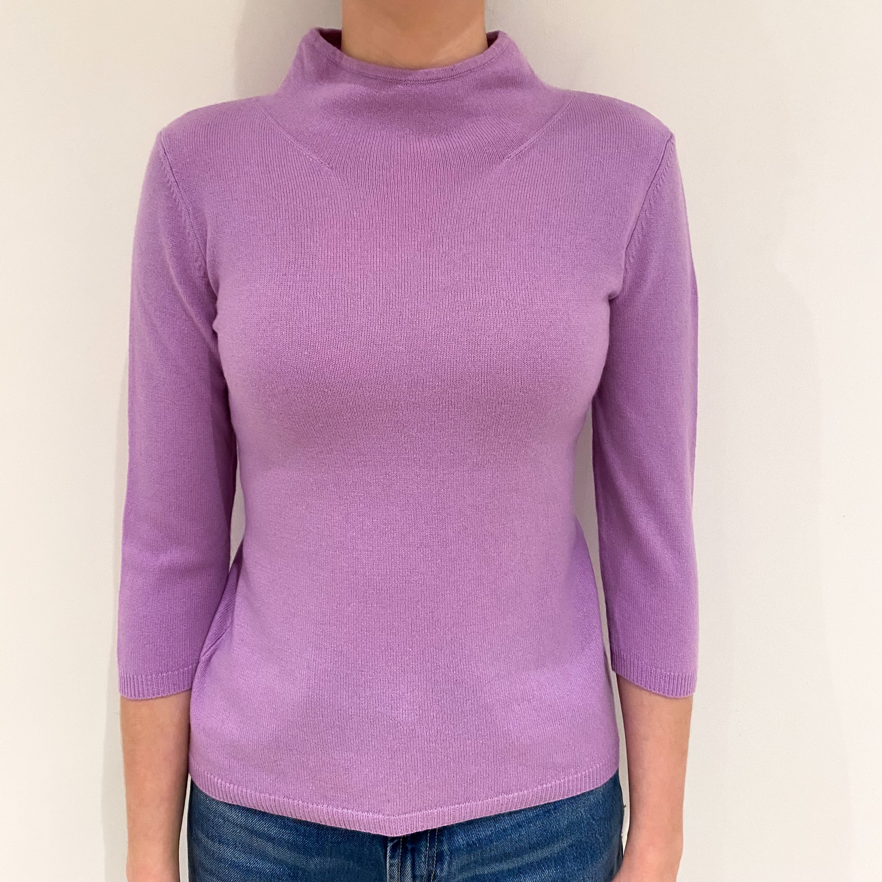Lilac Purple 3/4 Sleeve Cashmere Funnel Neck Jumper Extra Small