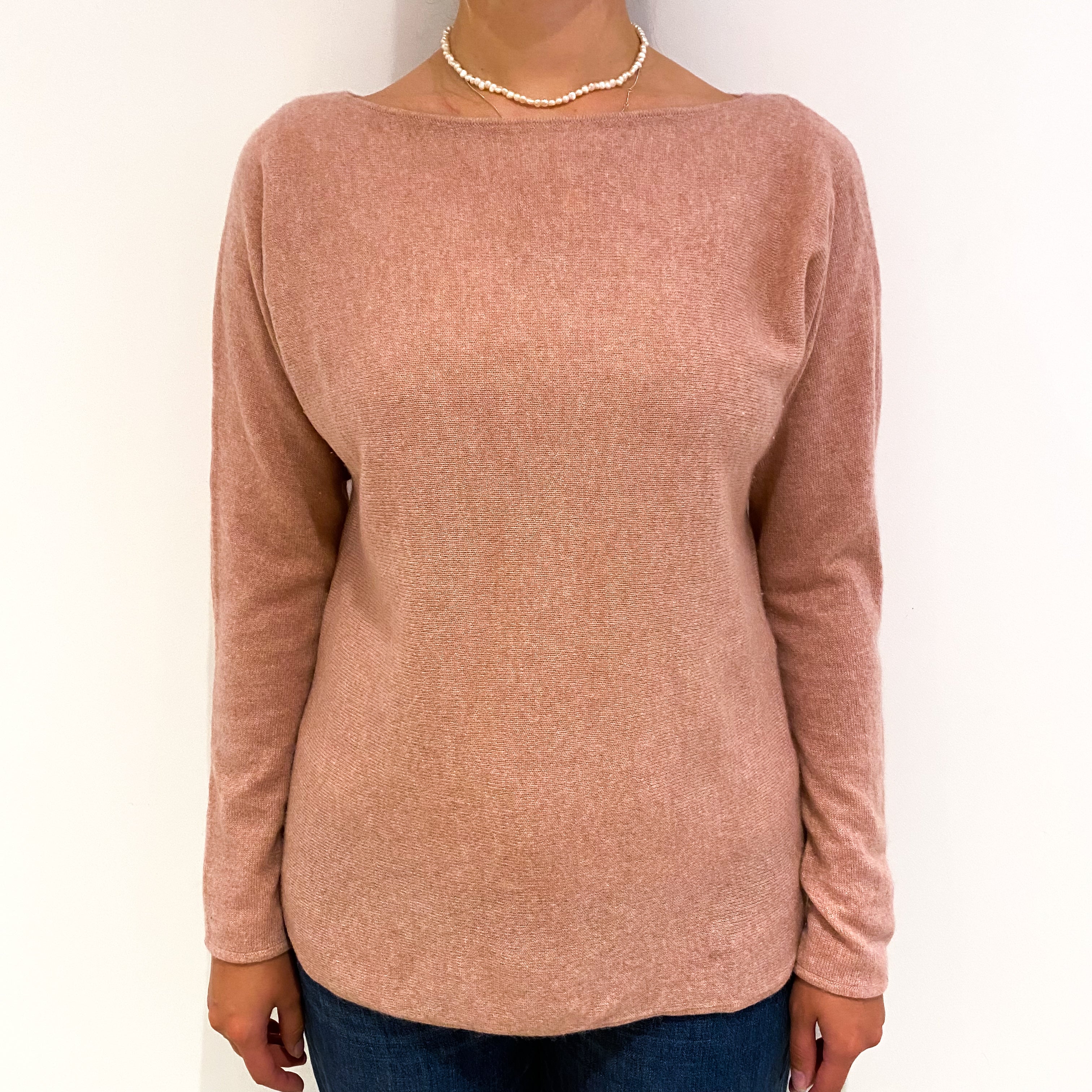 Faded Heather Pink Cashmere Longline Crew Neck Jumper Small