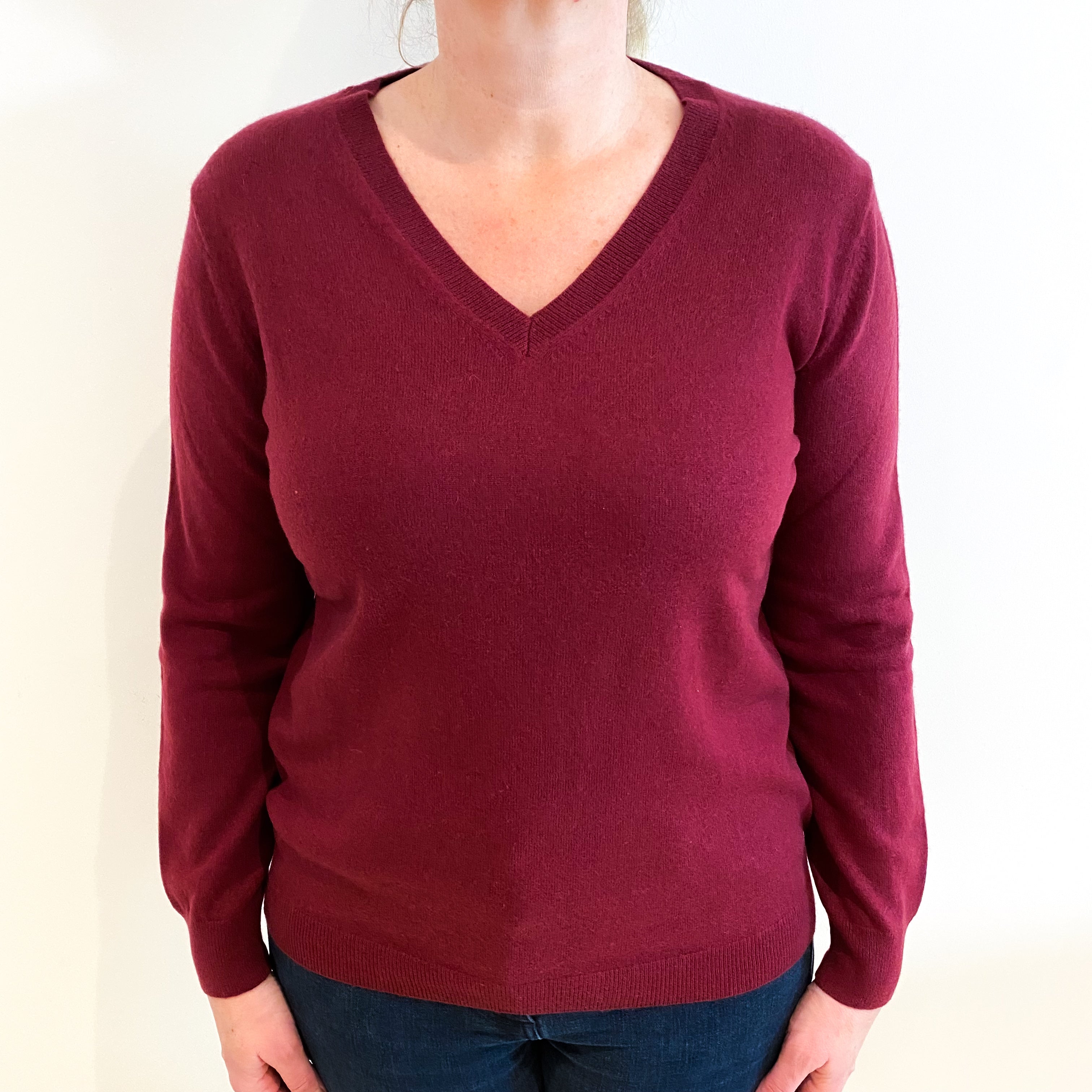 Maroon Red Cashmere V Neck Jumper Large