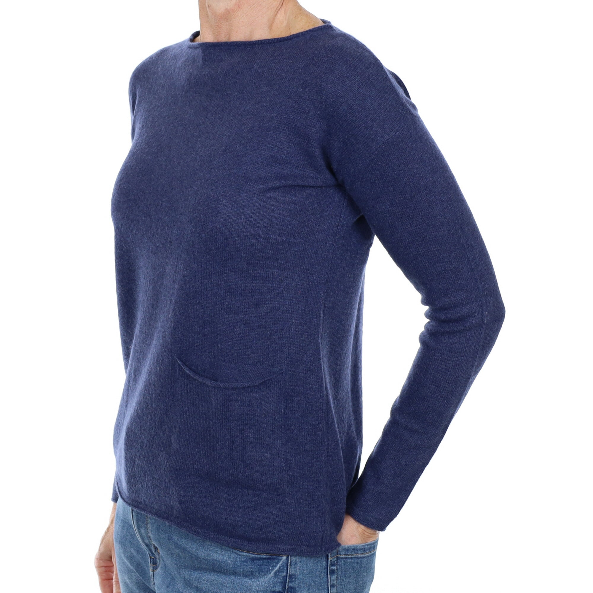 Italian Dark Denim Blue Cashmere Slash Neck Jumper Small