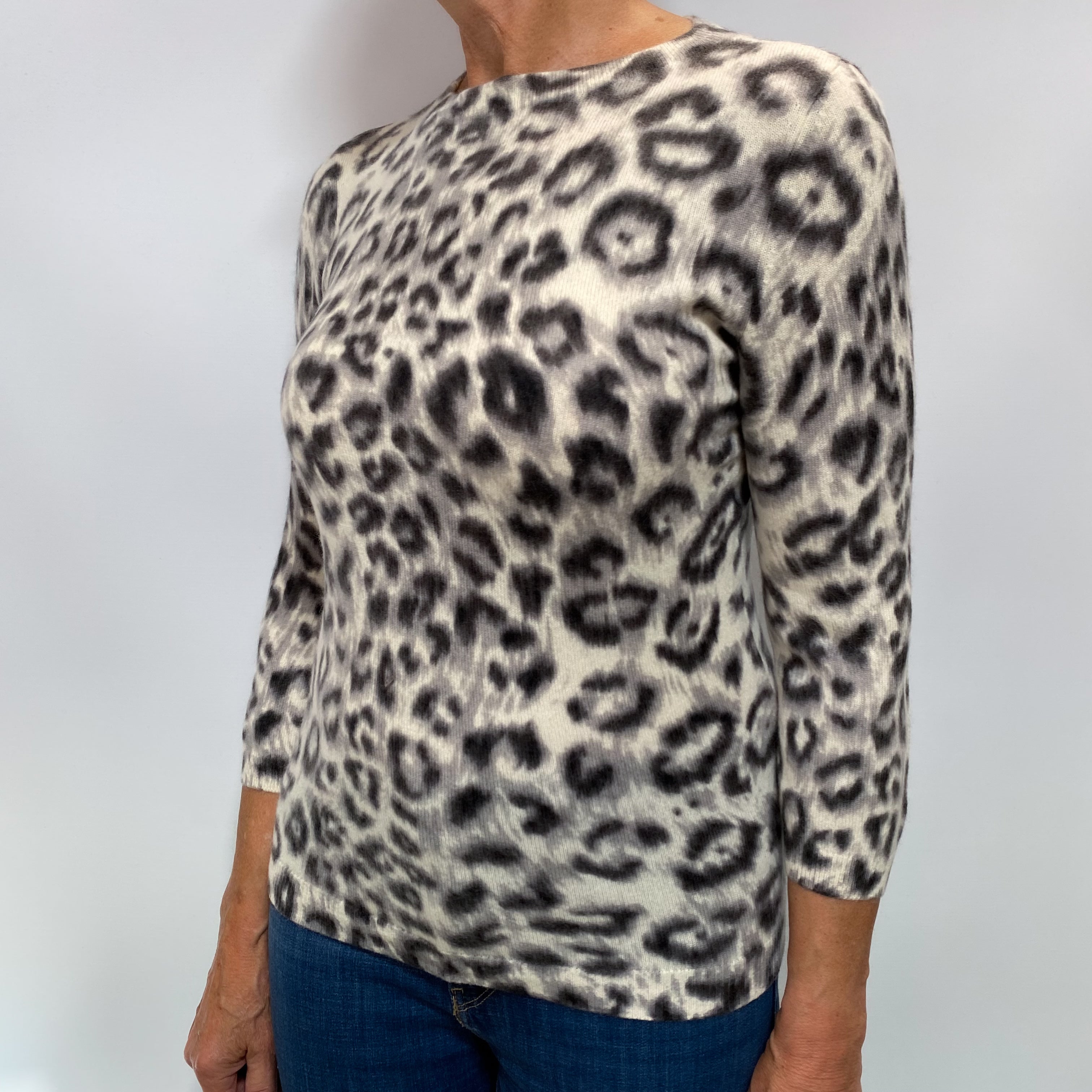 Cream and Grey Animal Print Cashmere Crew Neck Jumper Medium