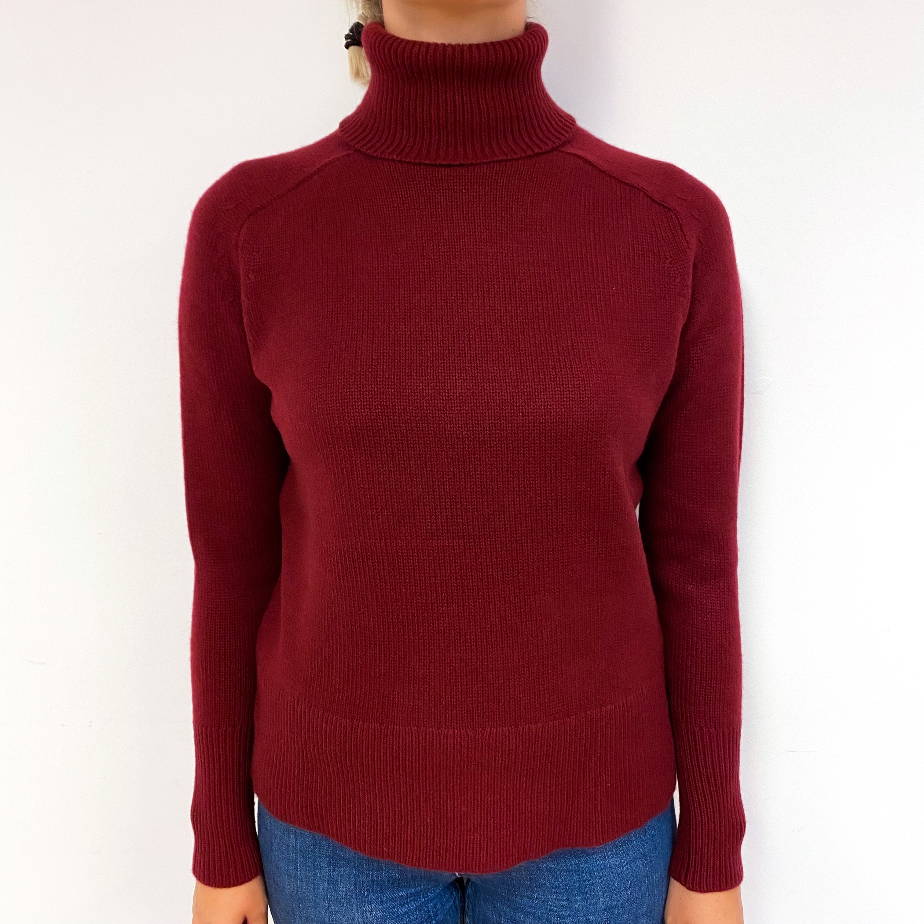 Garnet Red Heavy Knit Cashmere Polo Neck Jumper Small