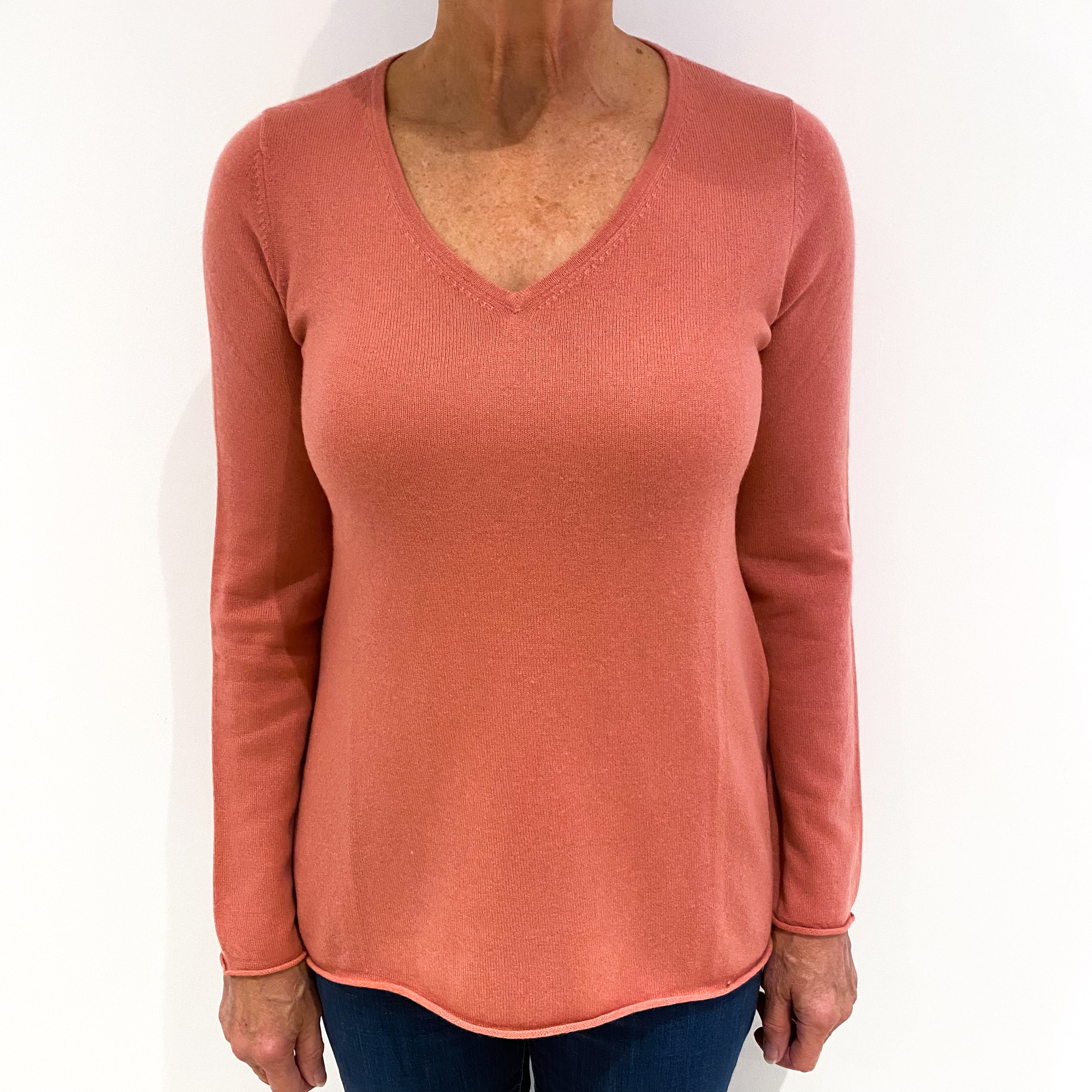 Salmon Pink Cashmere V-Neck Jumper Medium