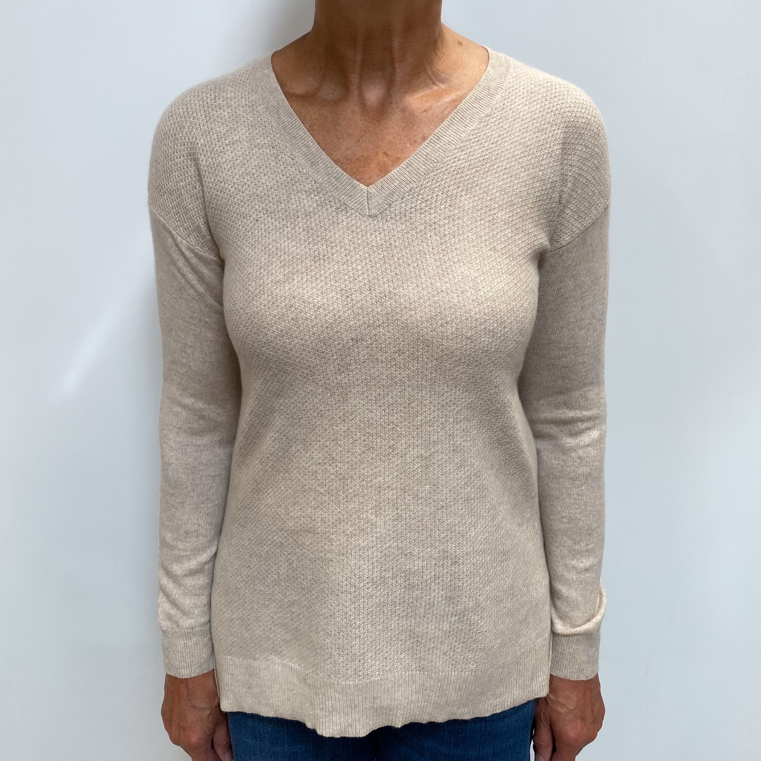 Oatmeal Beige Cashmere V Neck Jumper Medium