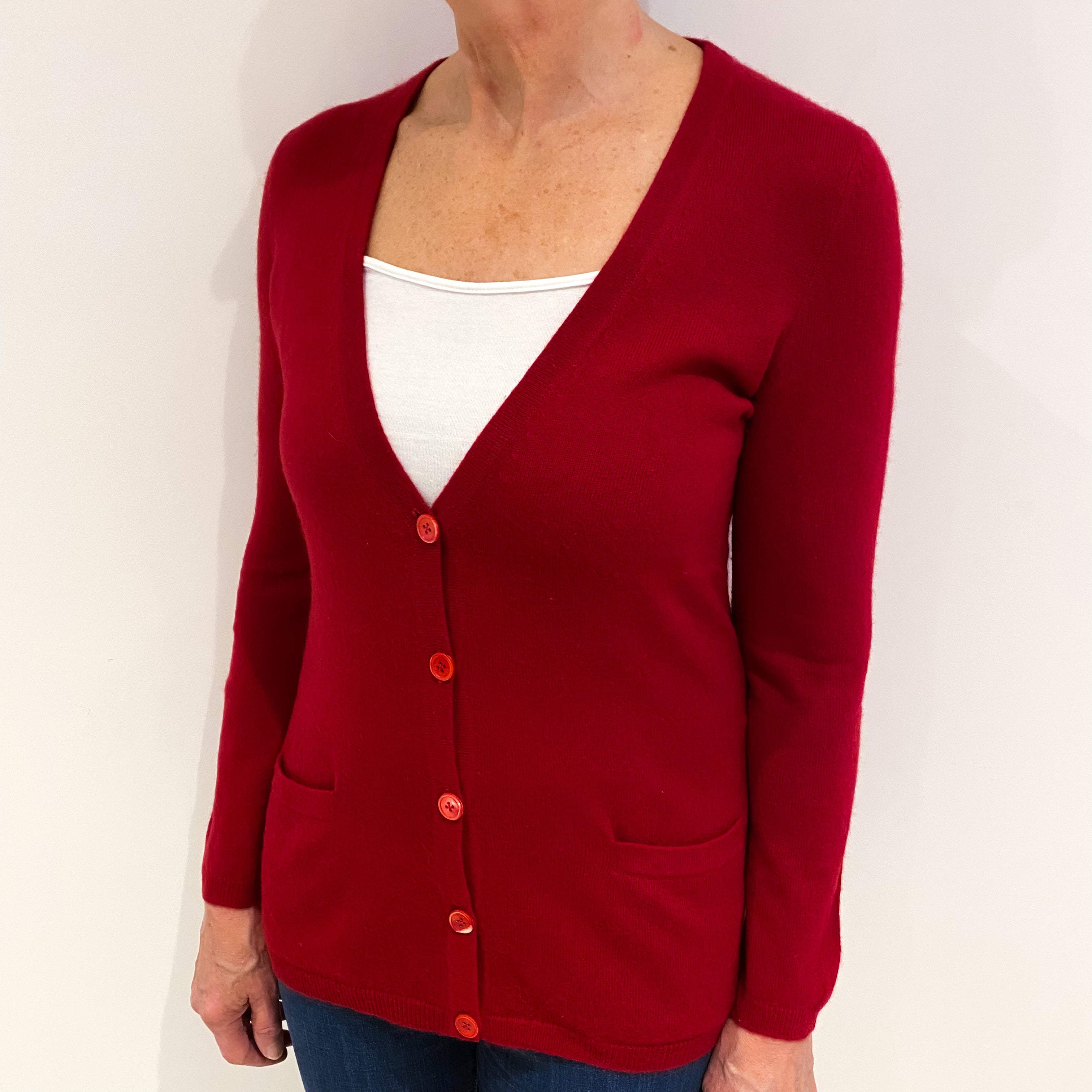 Post Box Red Cashmere V Neck Cardigan Medium