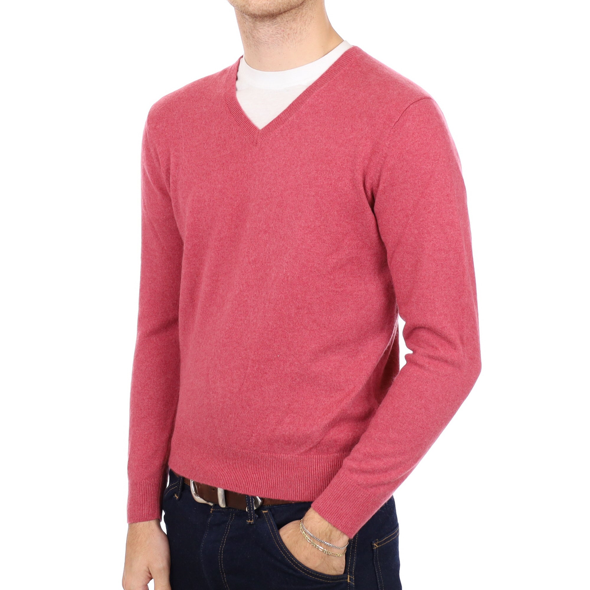 Men's Crushed Raspberry Cashmere V Neck Jumper Medium