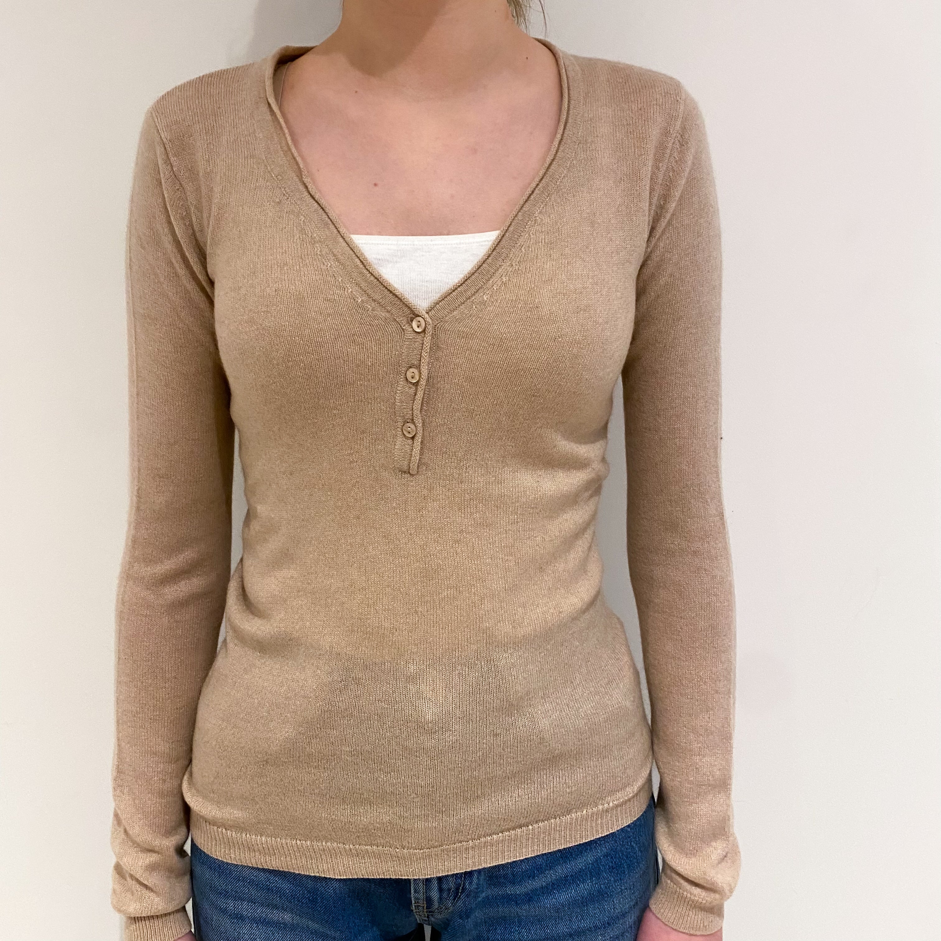 Buff Beige Cashmere Buttoned V Neck Jumper Extra Small