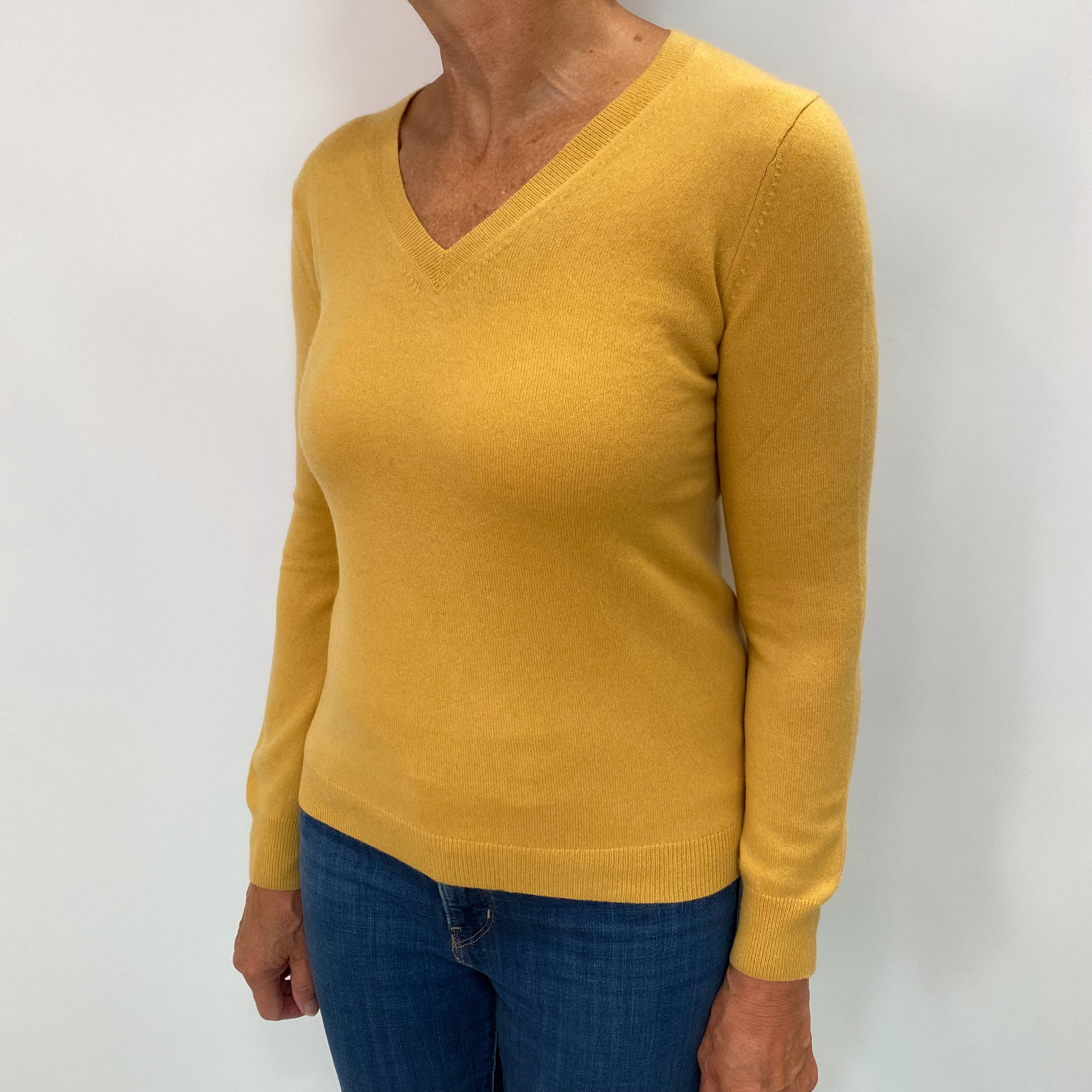 Mustard Yellow Cashmere V Neck Jumper Medium