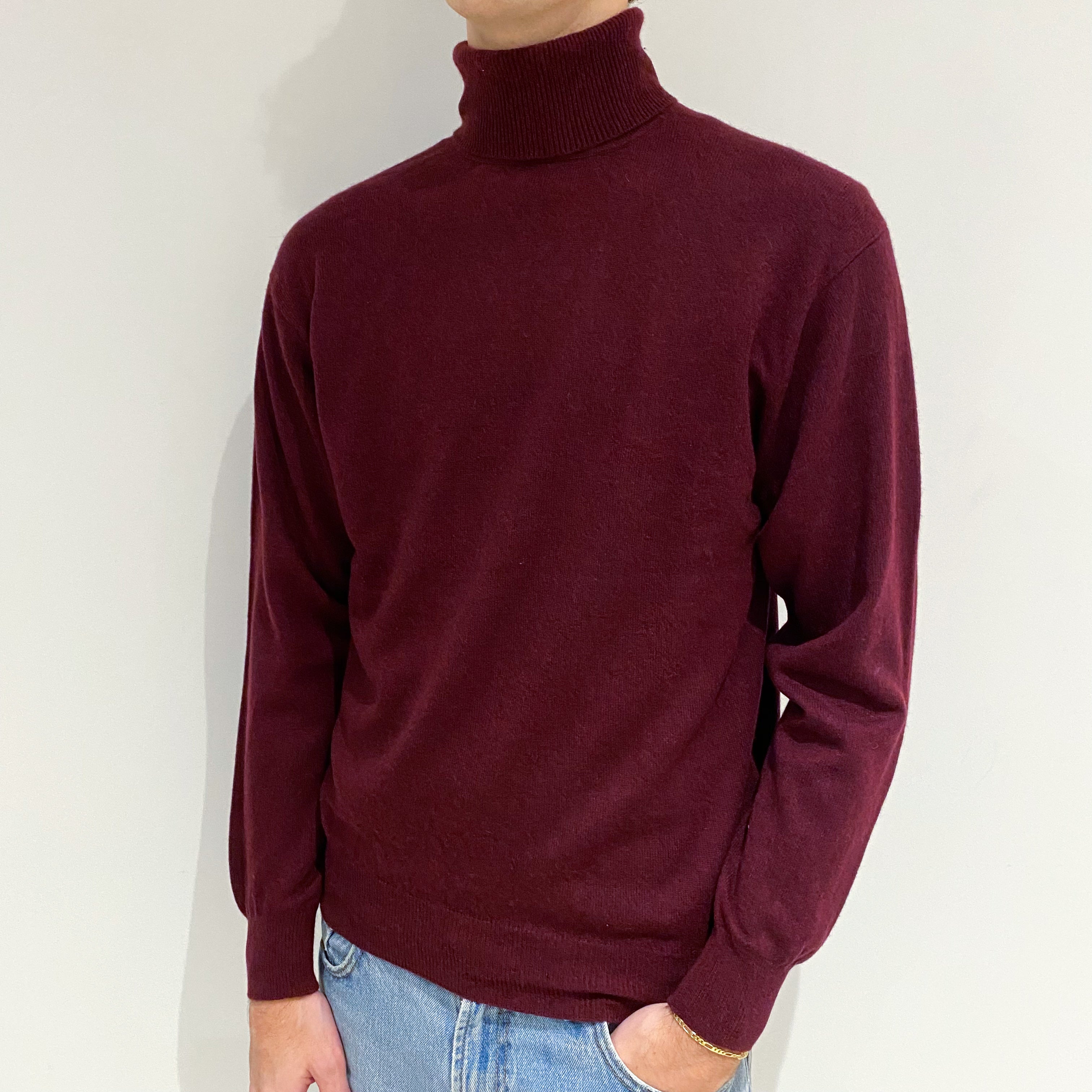 Men's Claret Red Cashmere Polo Neck Jumper Large
