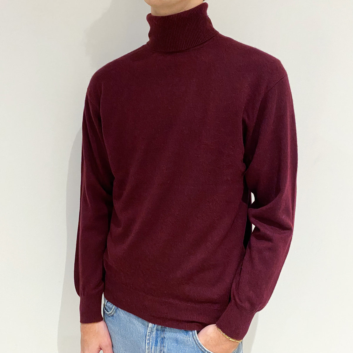 Men's Claret Red Cashmere Polo Neck Jumper Large