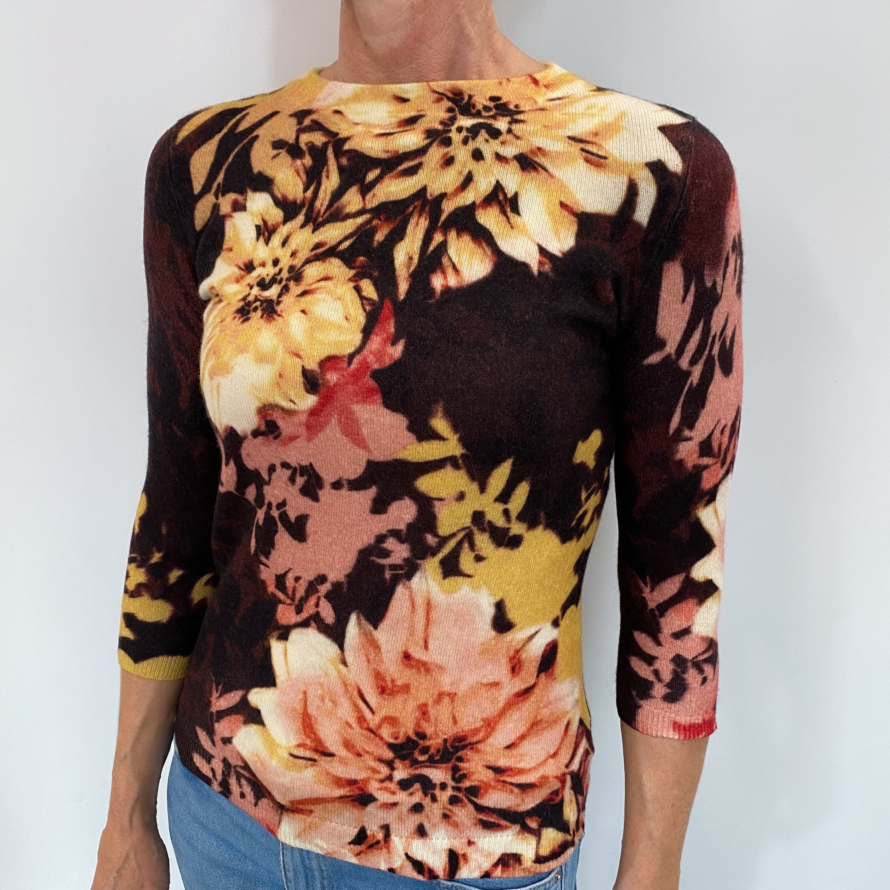 Brown Floral Patterned Cashmere Crew Neck Jumper Small