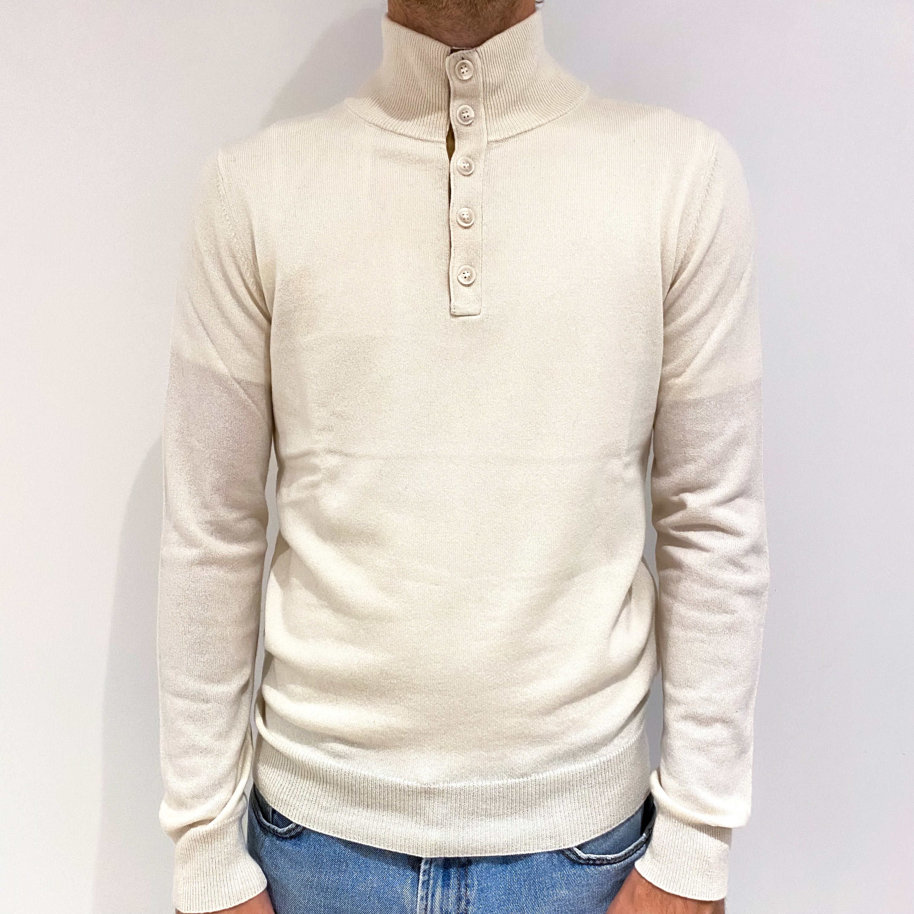 Men's Cream Cashmere Buttoned Turtle Neck Jumper Medium