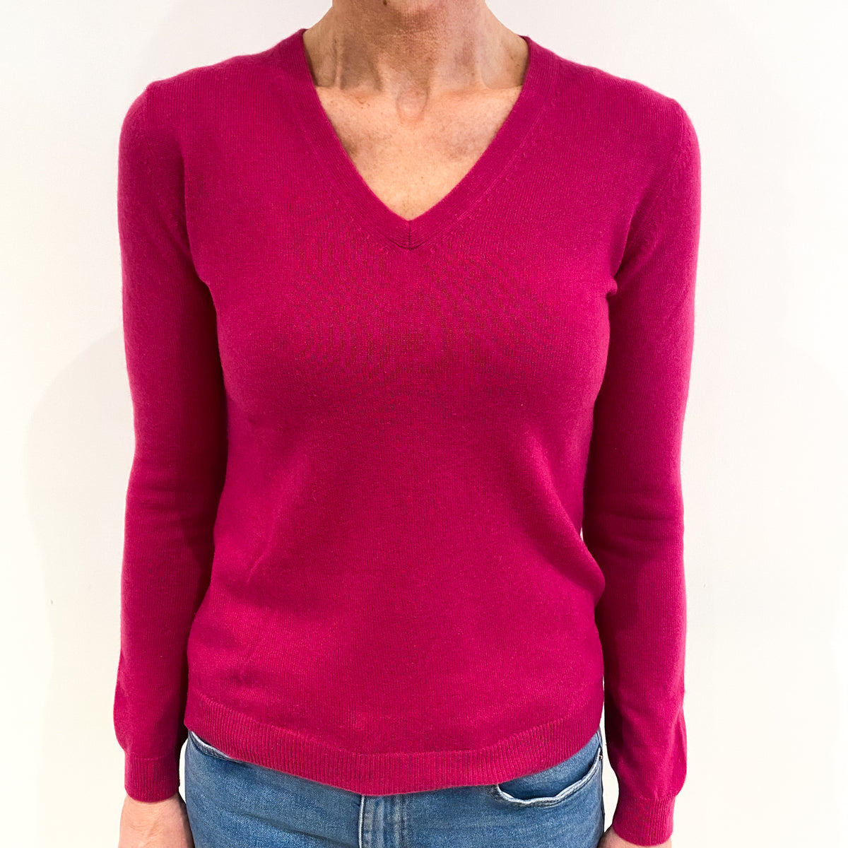 Fuchsia Pink Cashmere V Neck Jumper Small