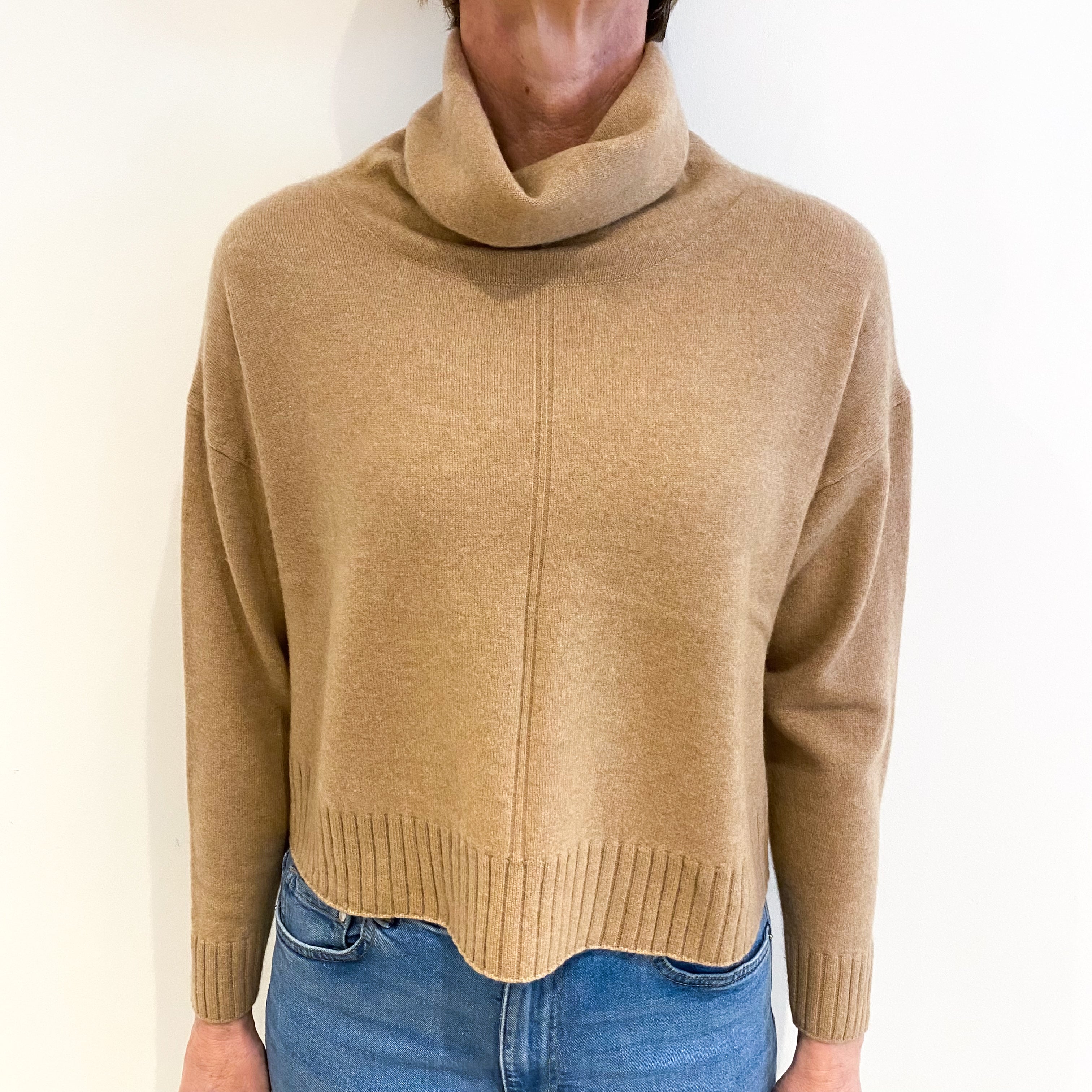 Camel Brown Cashmere Slouchy Roll Neck Jumper Small