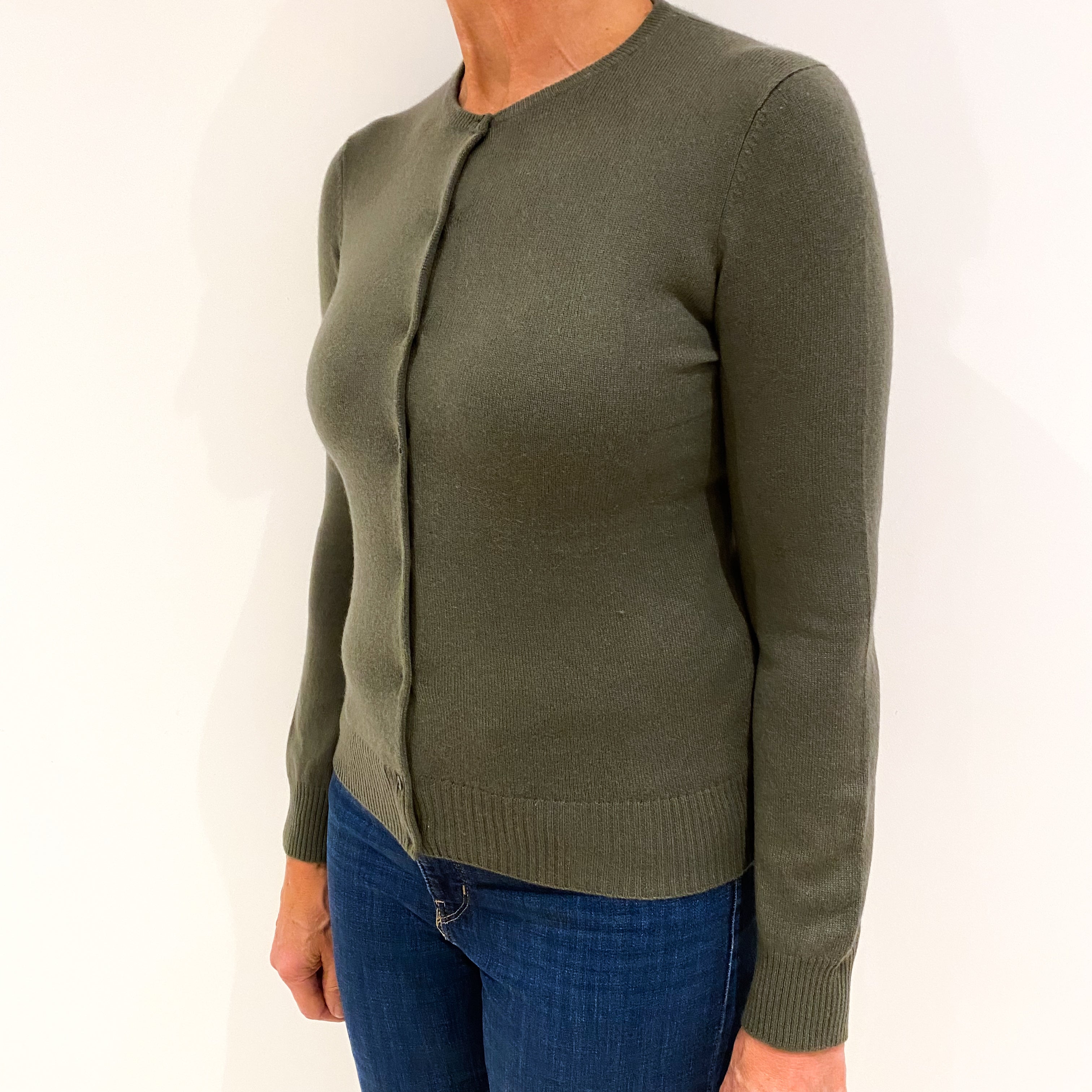 Khaki Green Cashmere Crew Neck Cardigan Medium