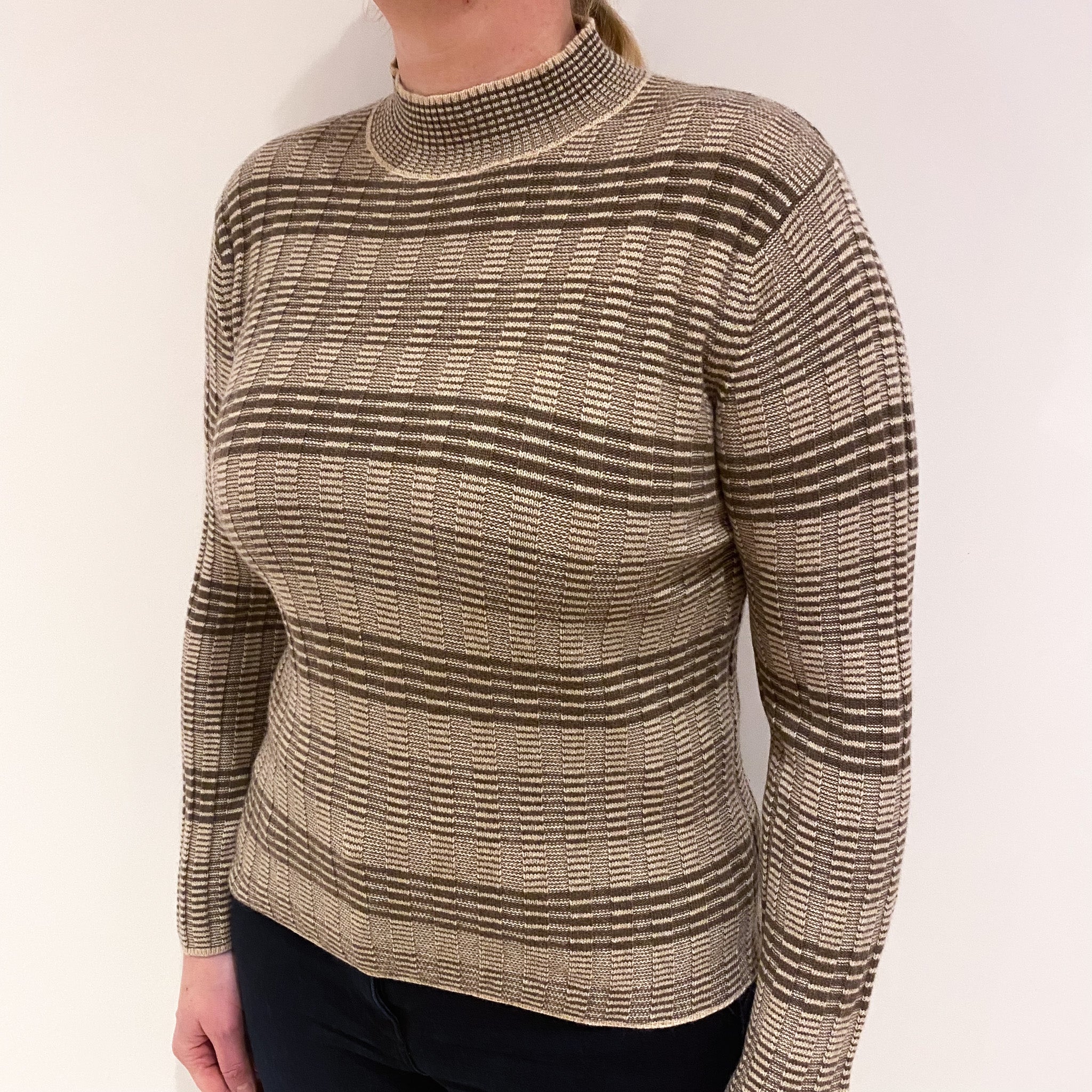 Mocha and Sand Striped Cashmere Turtle Neck Jumper Large