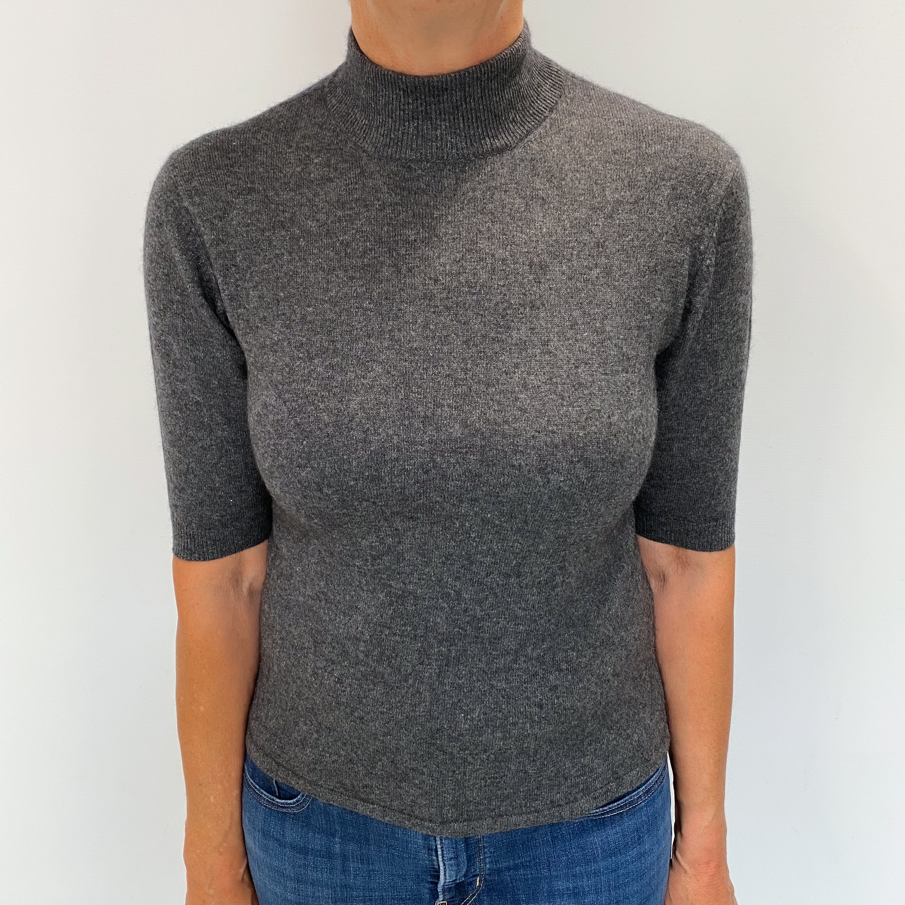 Charcoal Grey Cashmere Short Sleeved Turtle Neck Jumper Medium