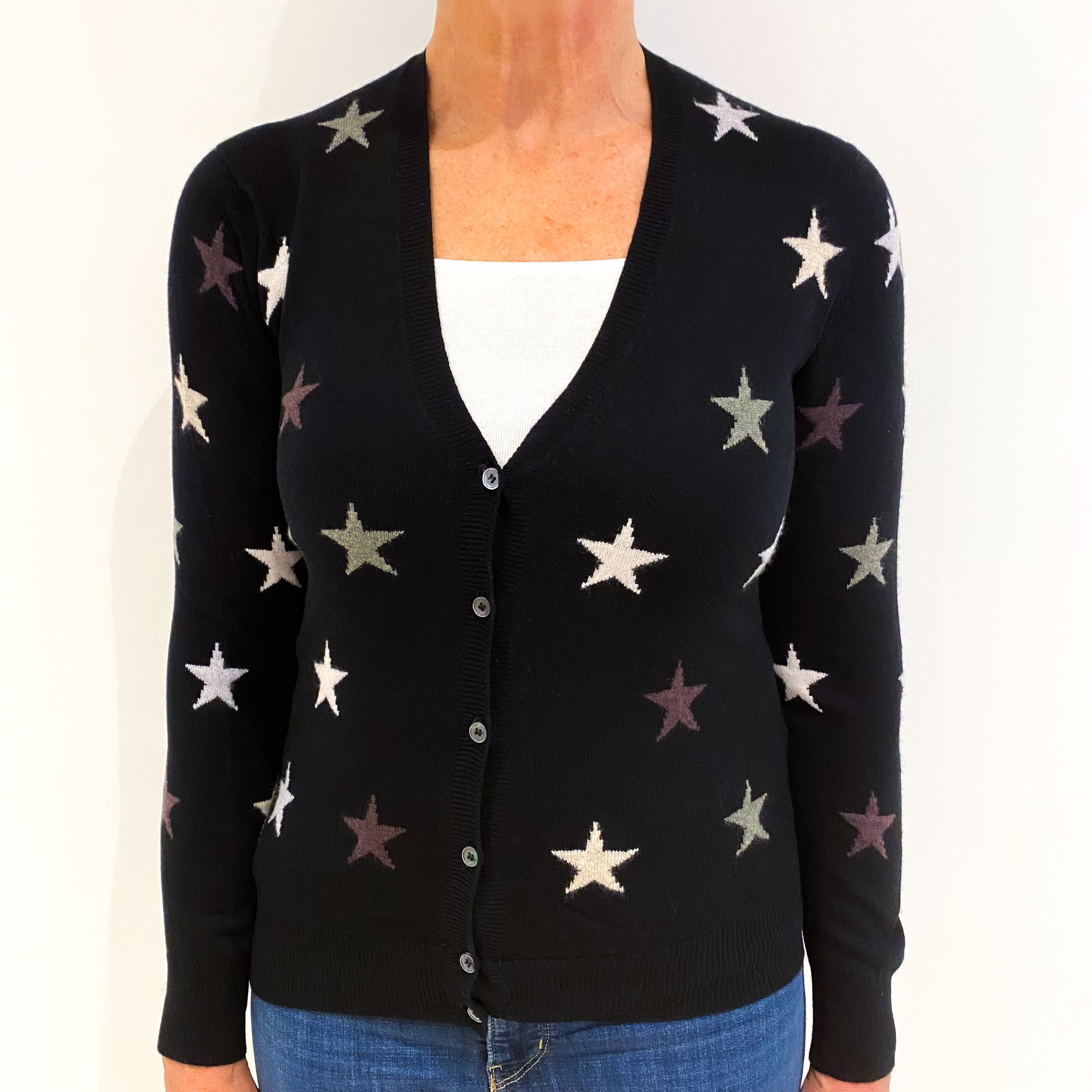 Black Cashmere V Neck Cardigan Medium