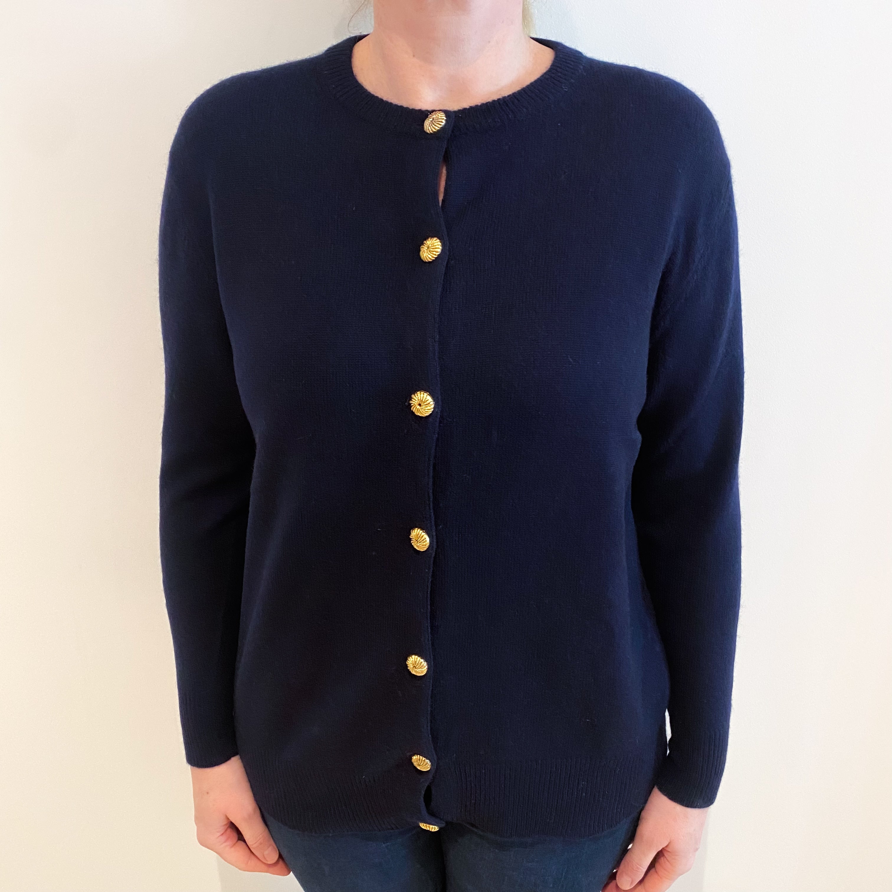Navy Blue Cashmere Crew Neck Cardigan Large