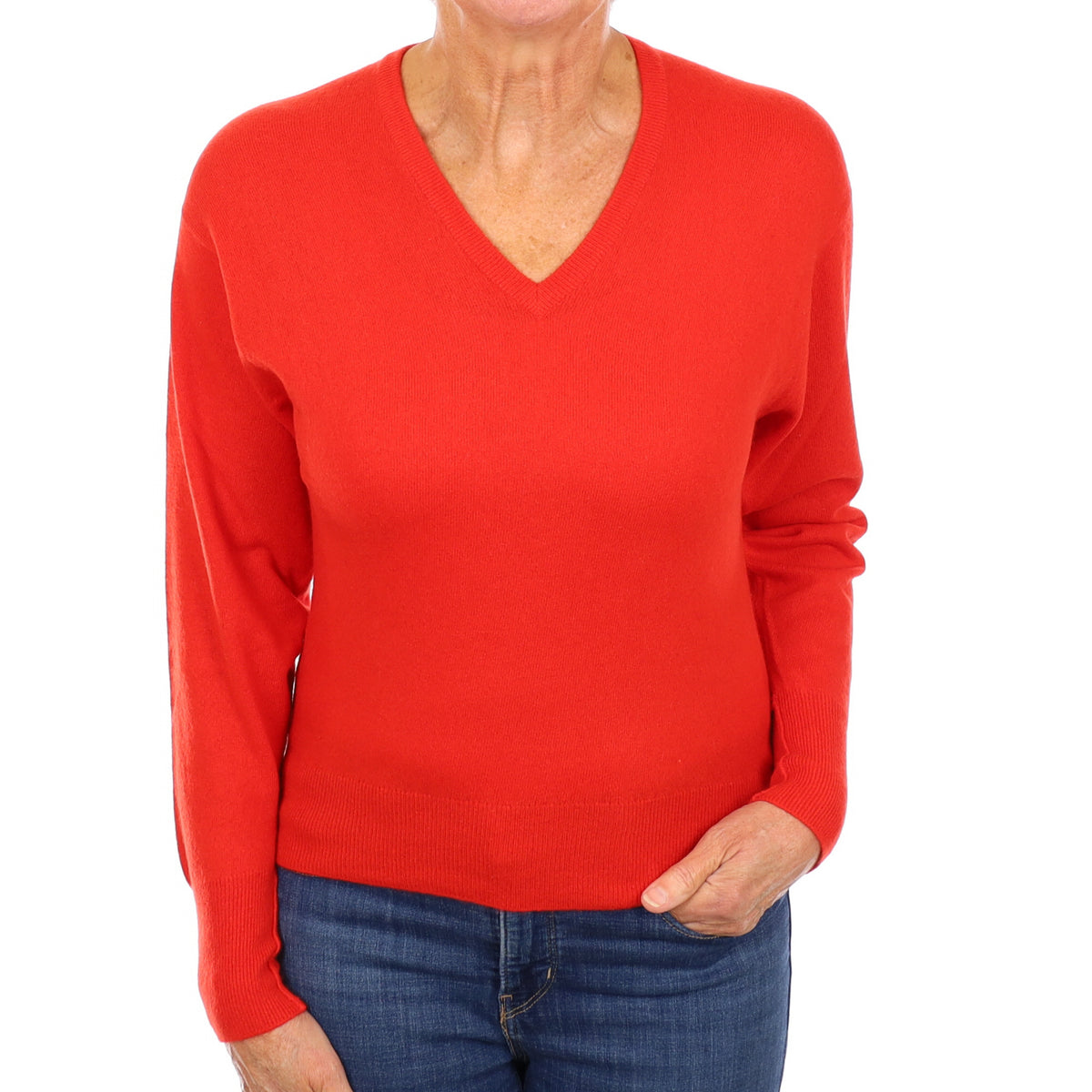 Scottish Vintage Vermillion Red Cashmere V Neck Jumper Medium