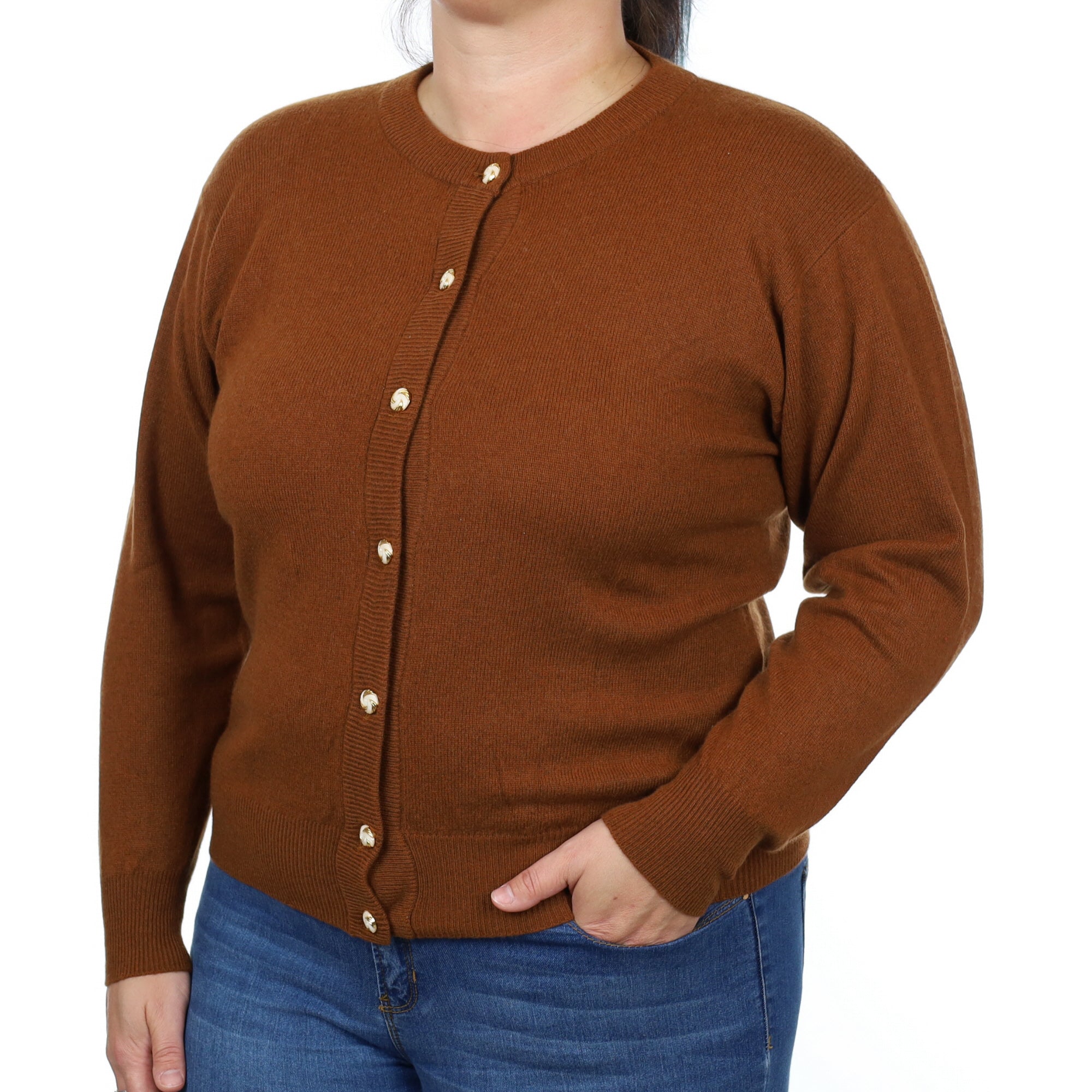 Cinnamon Brown Cashmere Crew Neck Cardigan Large