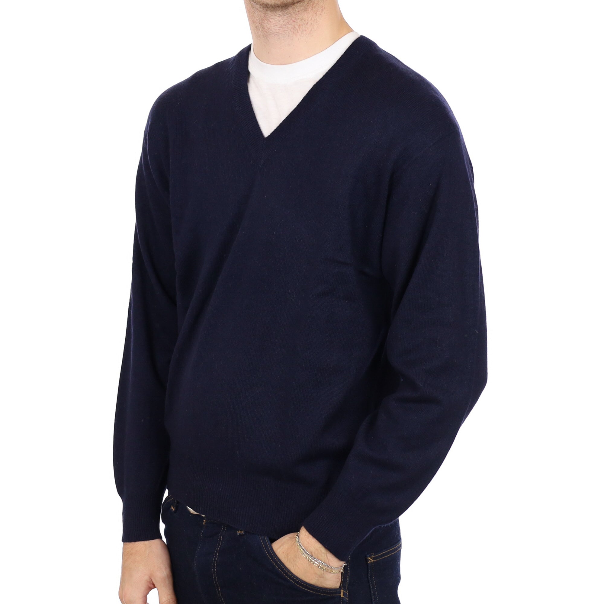 Men's Navy Blue Cashmere V Neck Jumper Medium