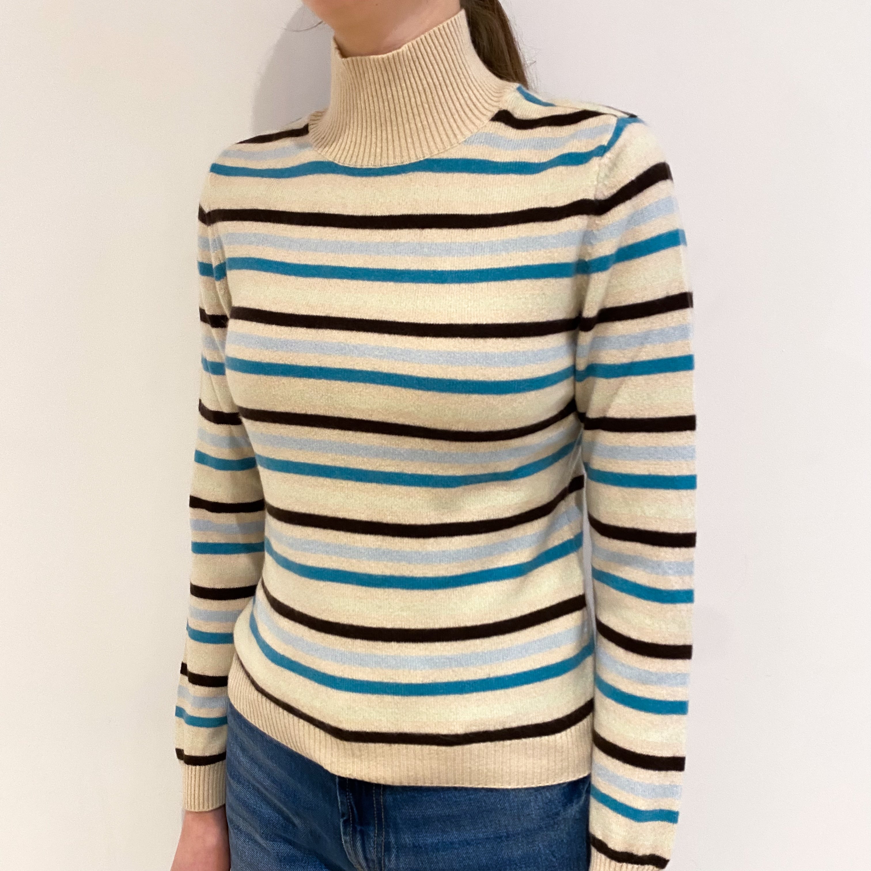 Beige and Blue Stripe Cashmere Turtle Neck Jumper Extra Small