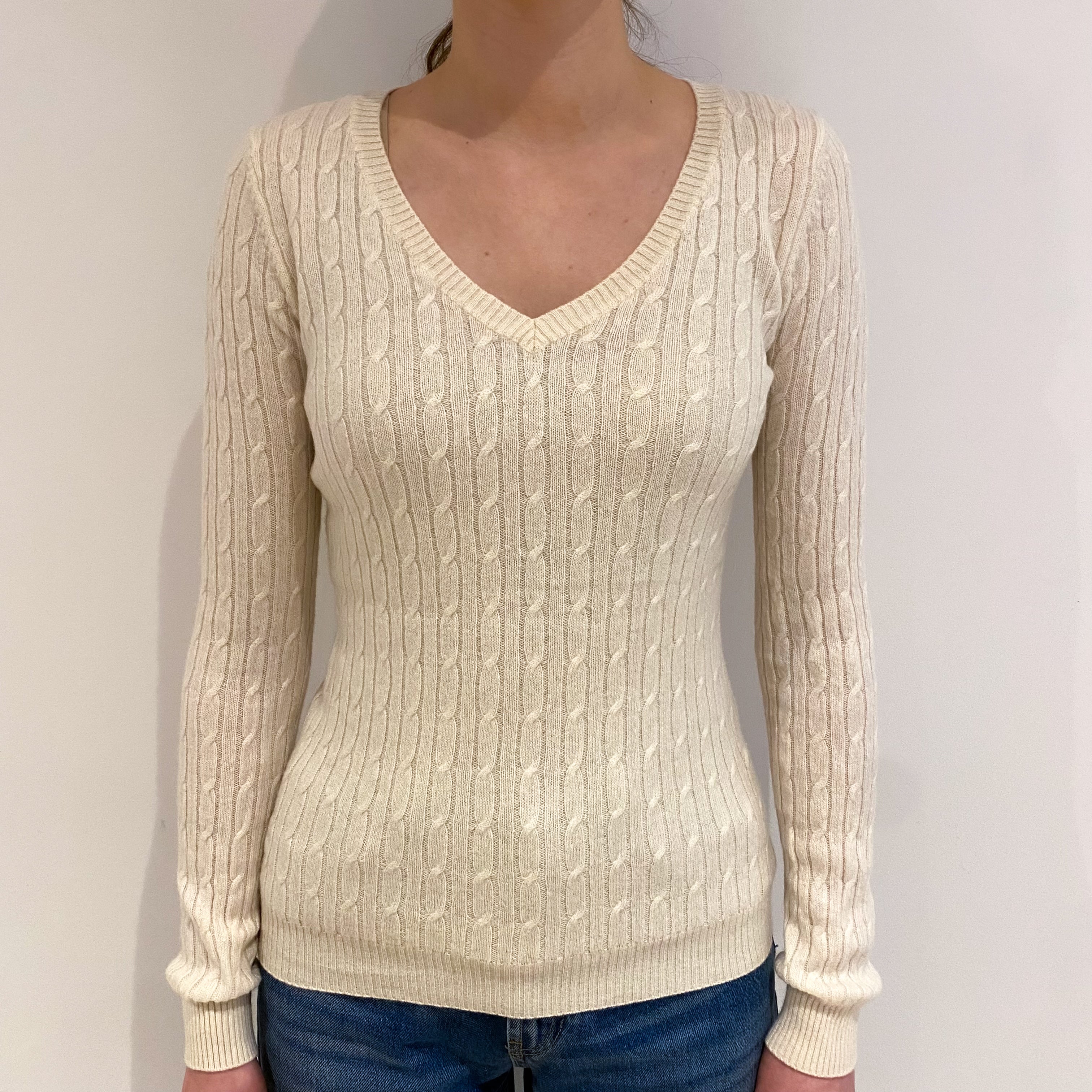 Ivory Cable Cashmere V Neck Jumper Extra Small