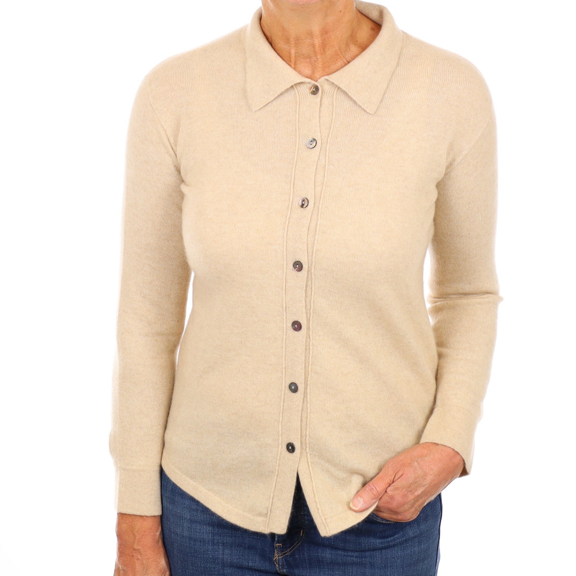 Sand Beige Cashmere Crew Neck Cardigan Medium