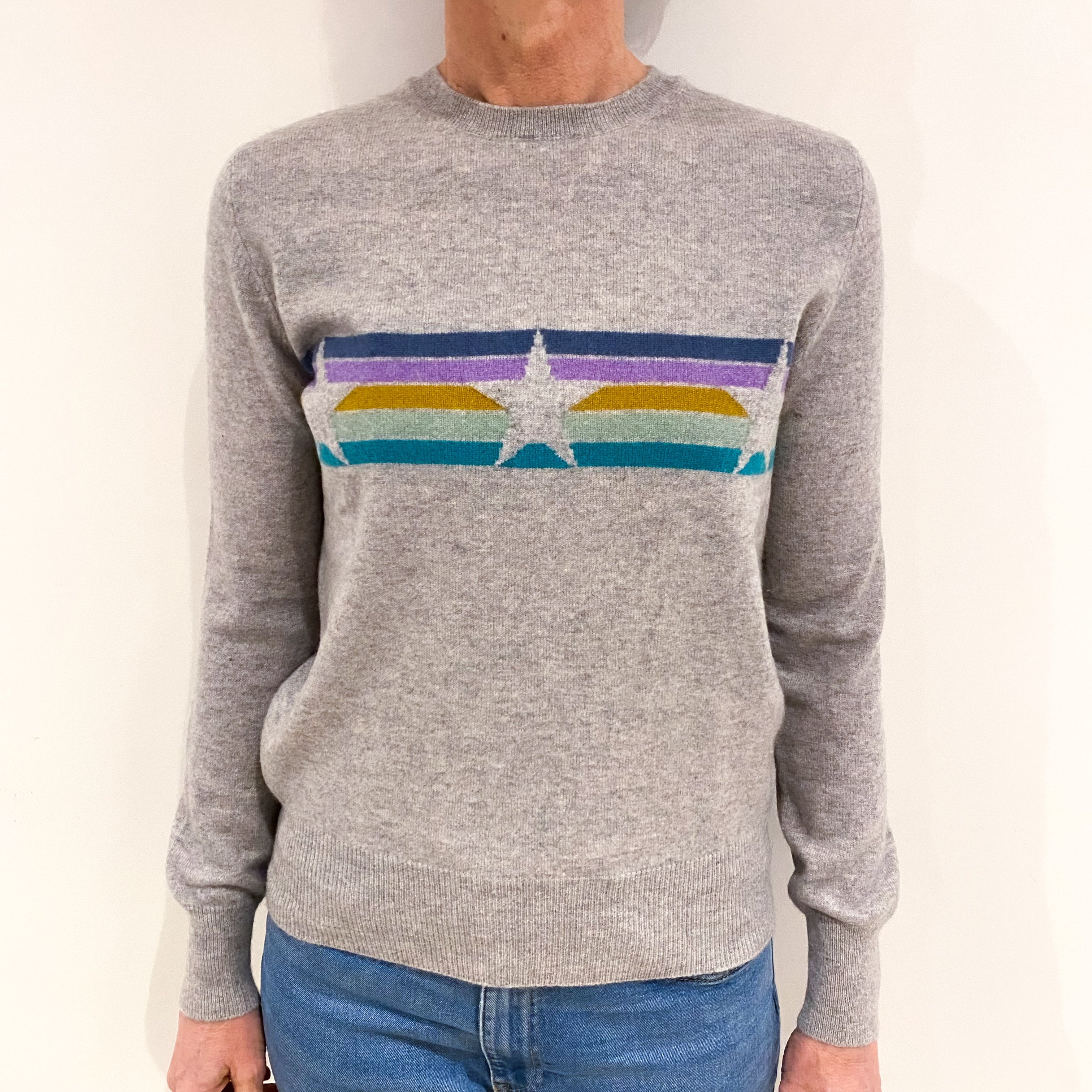 Mist Grey With Stars And Stripe Design Cashmere Crew Neck Jumper Small