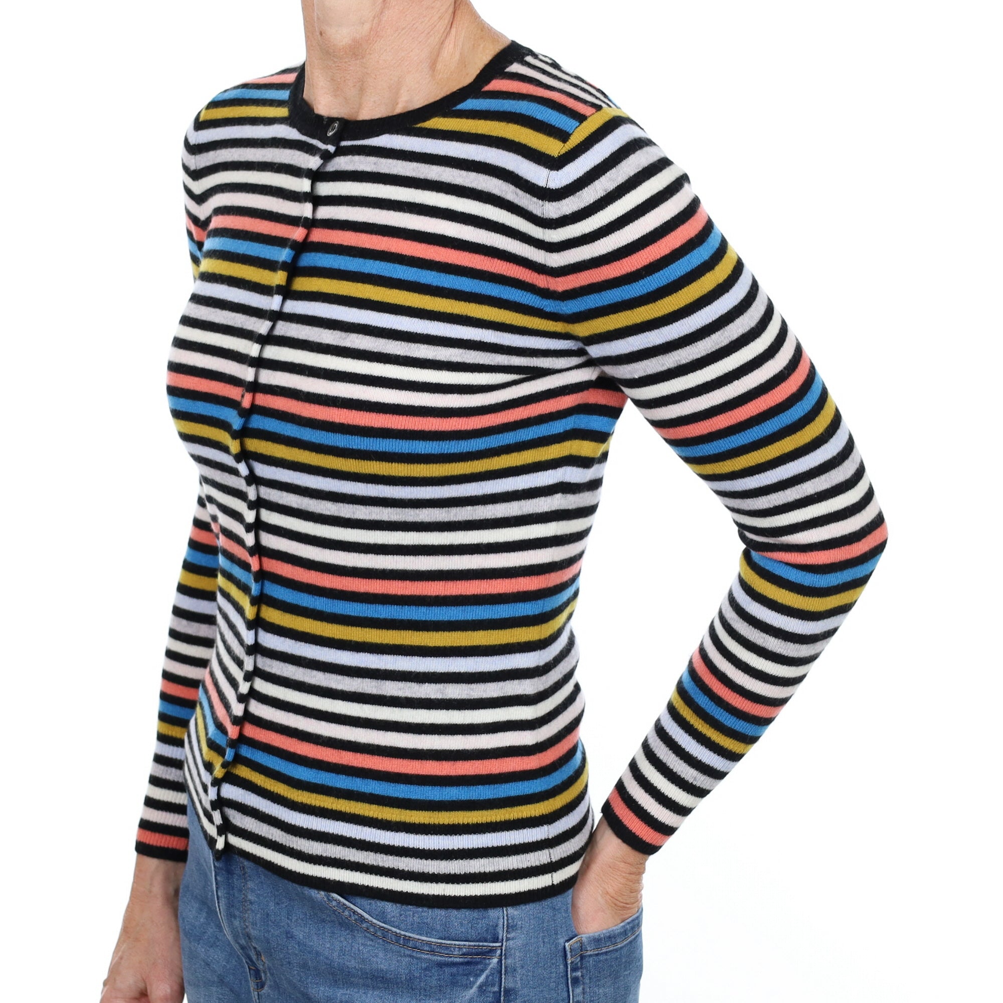 New Black Multicoloured Striped Cashmere Crew Neck Cardigan Small