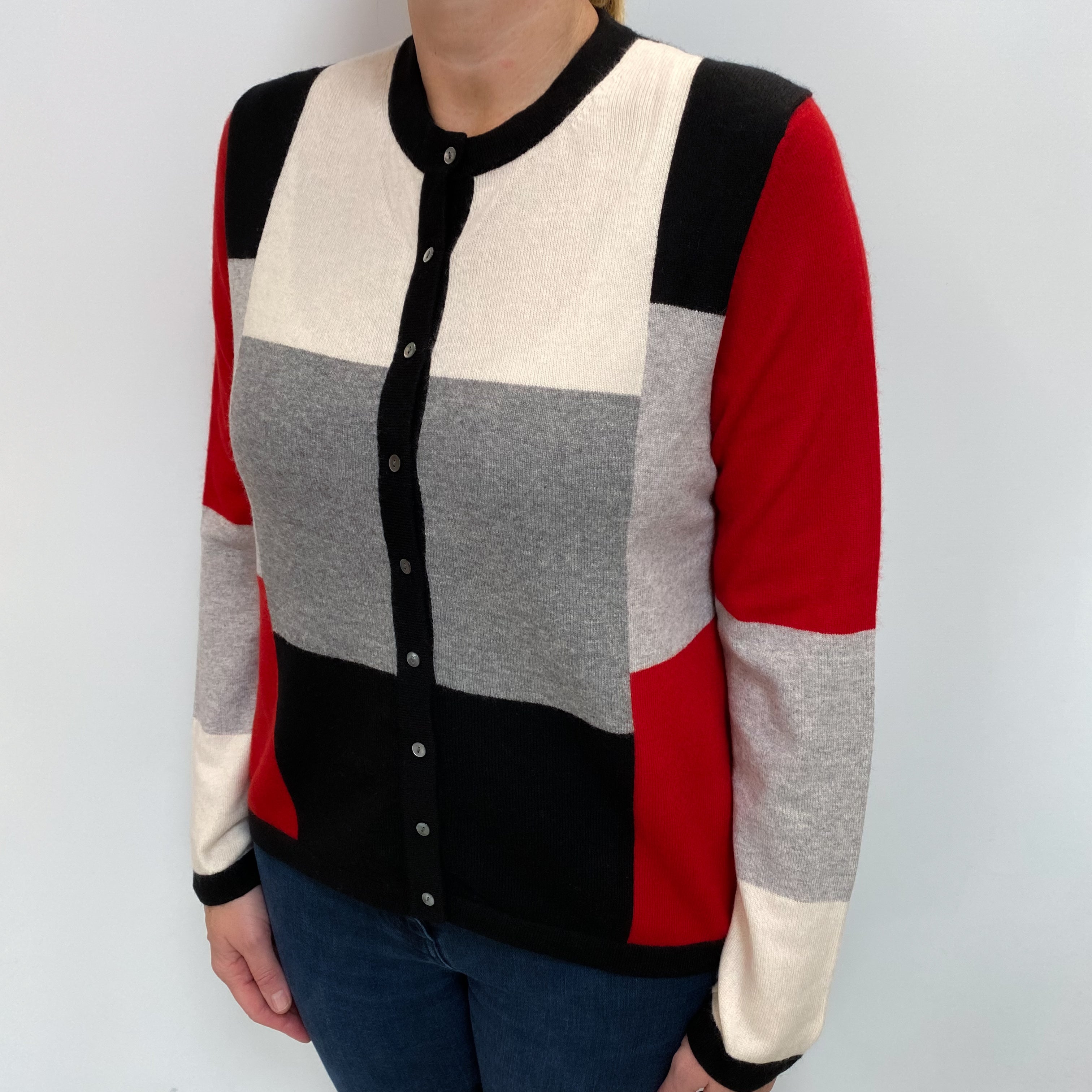 Grey and Red Block Cashmere Crew Neck Cardigan Large