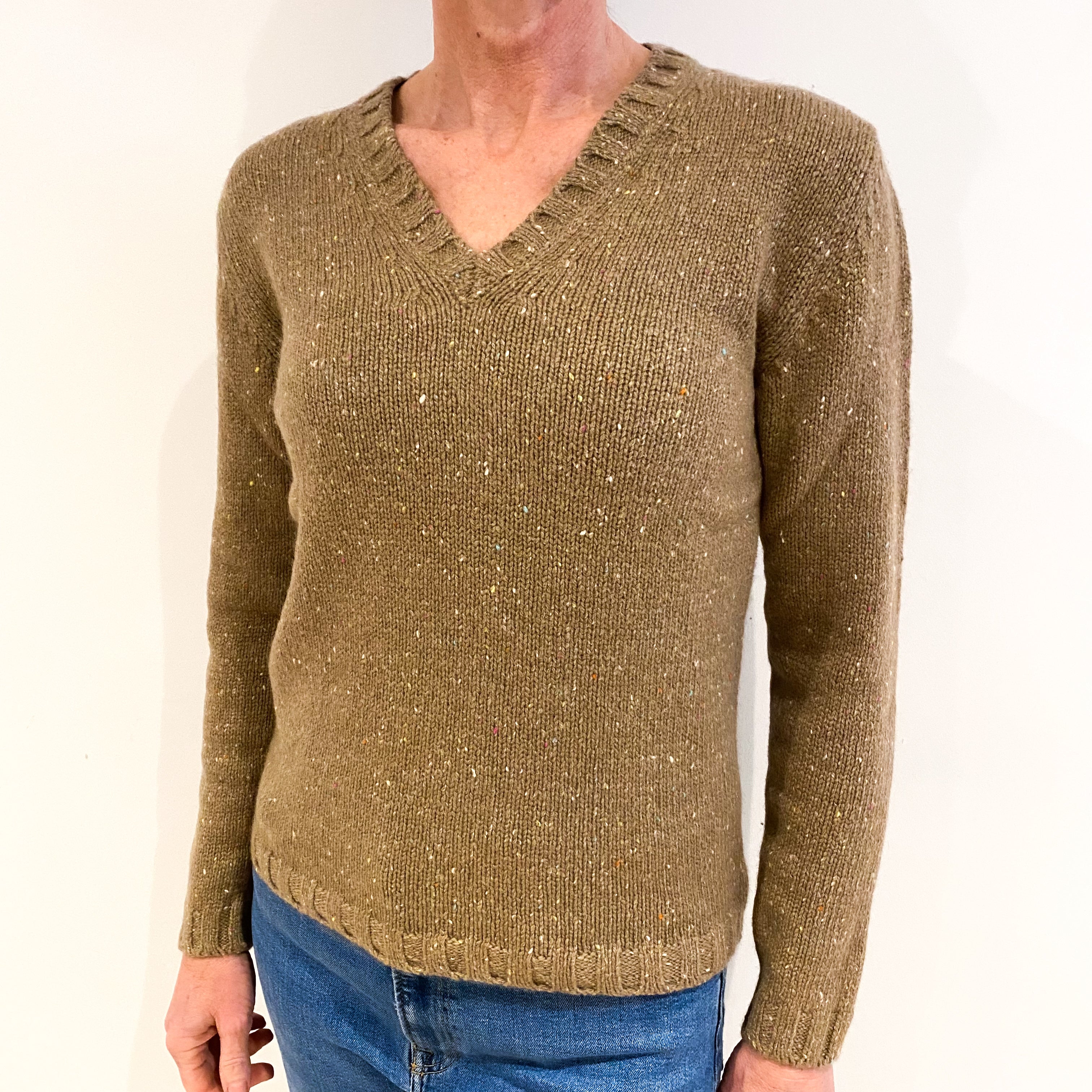 Peanut Brown Flecked Cashmere V Neck Jumper Small