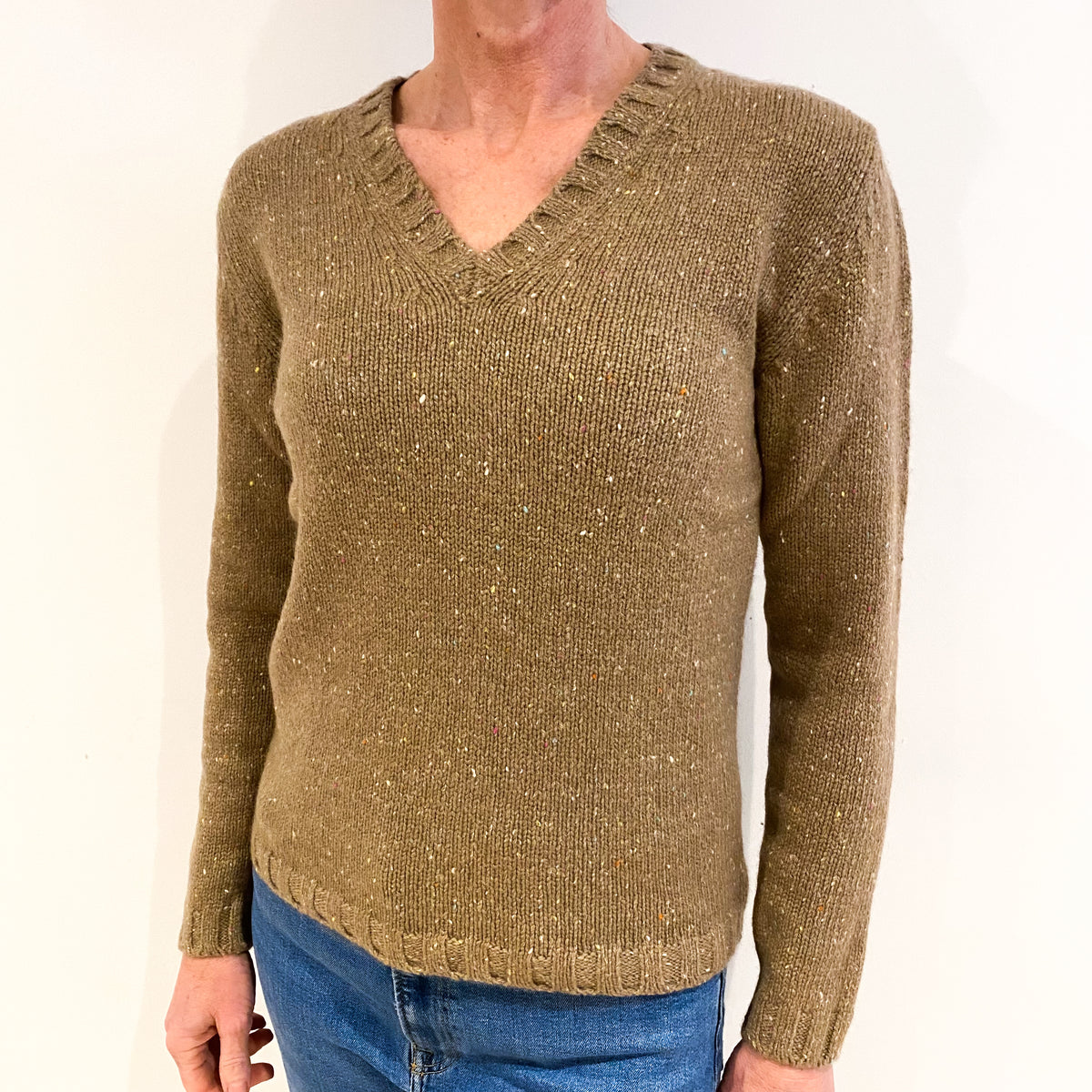 Peanut Brown Flecked Cashmere V Neck Jumper Small