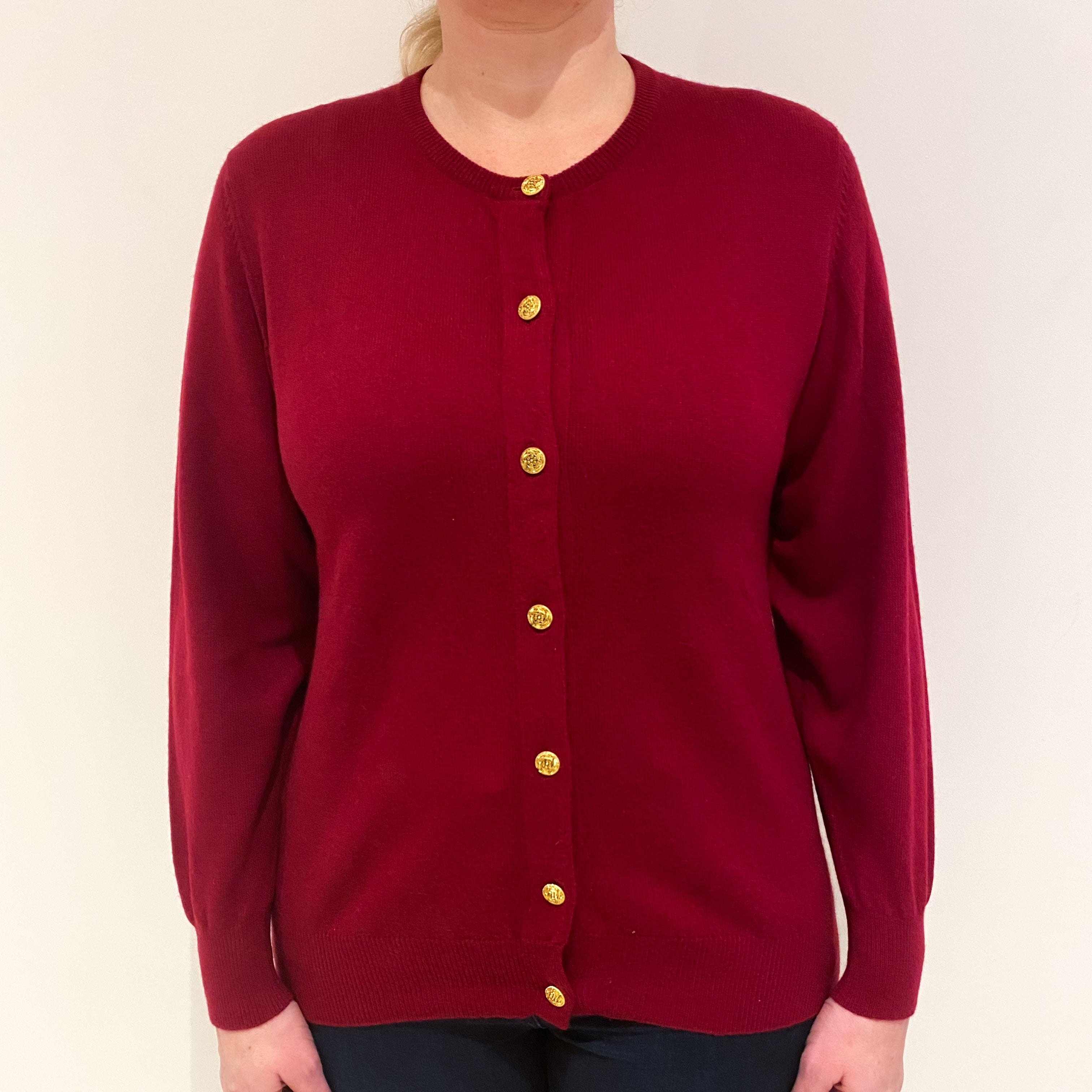 Burgundy Red Cashmere Crew Neck Cardigan Large