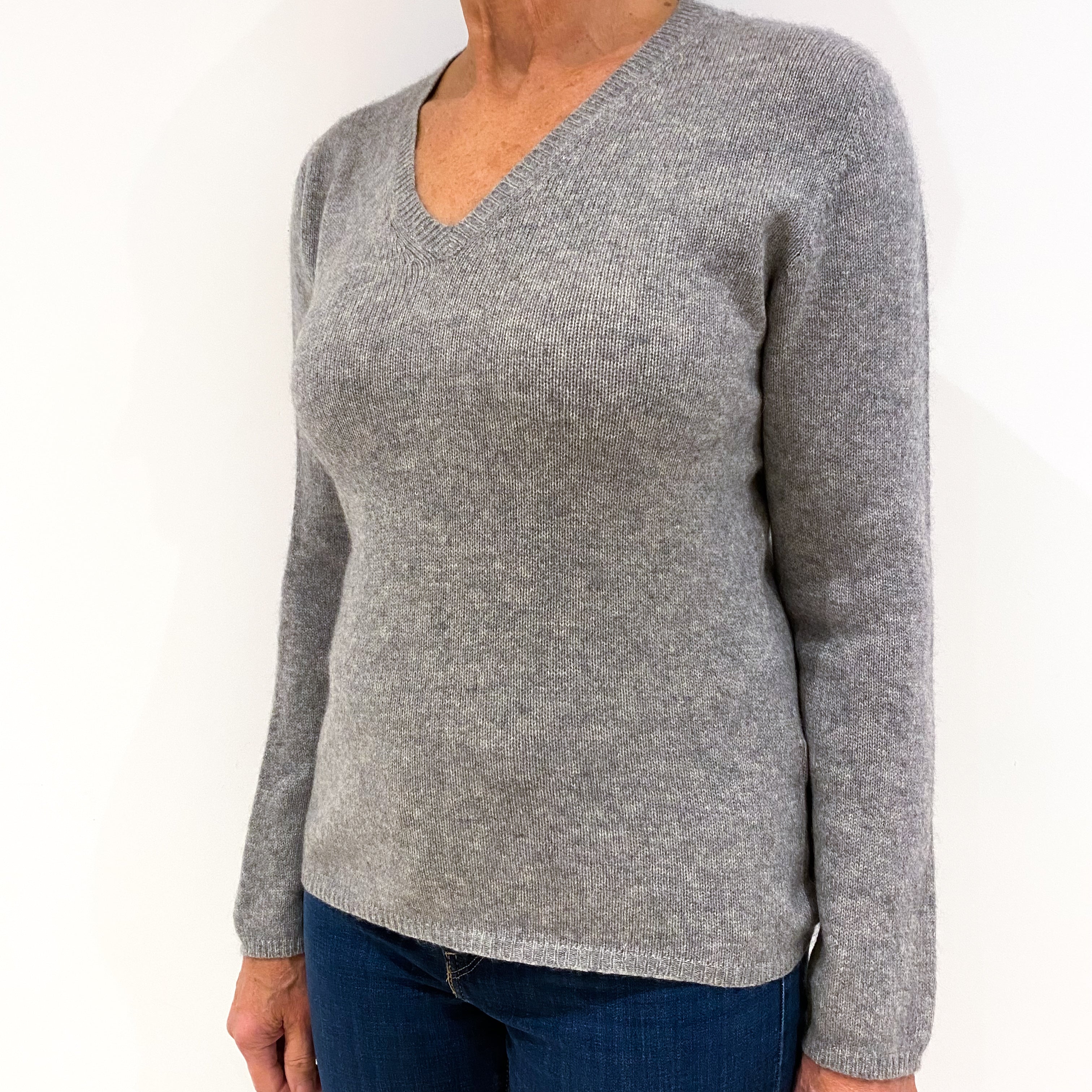 Smoke Grey Cashmere V-Neck Jumper Medium