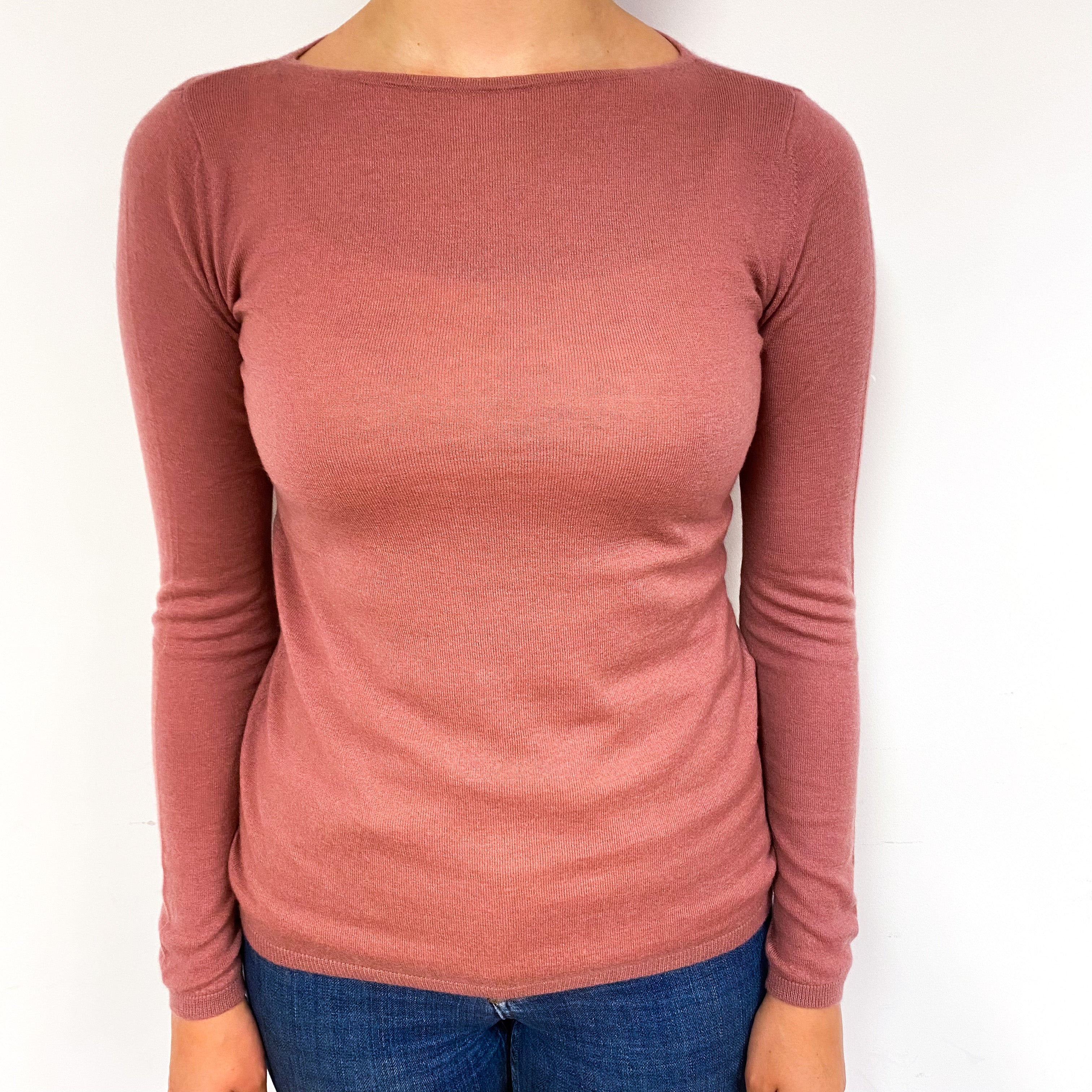 Terracotta Pink Fine Knit Cashmere Boat Neck Jumper Small