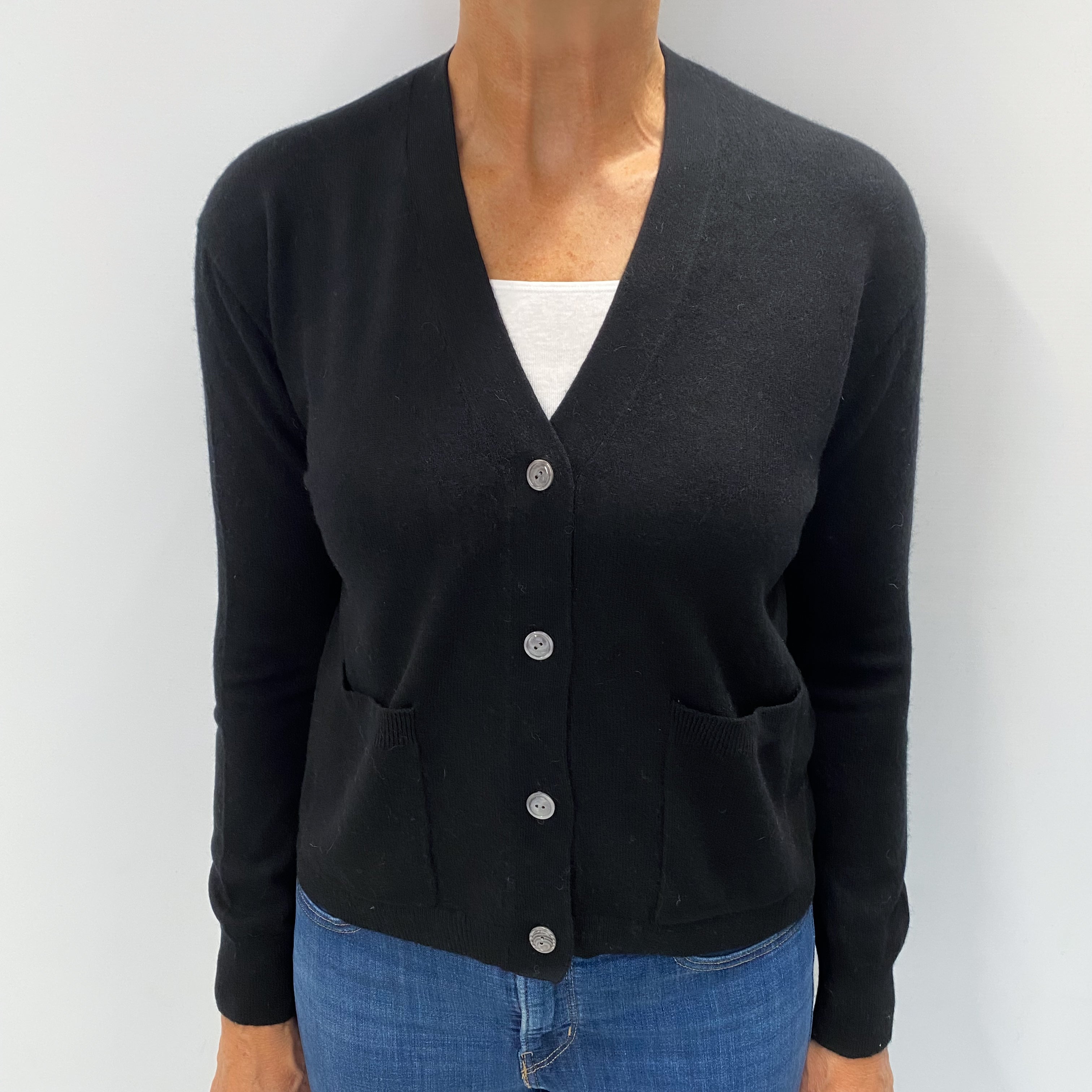 Black Cashmere Boxy V Neck Cardigan with Pockets Medium
