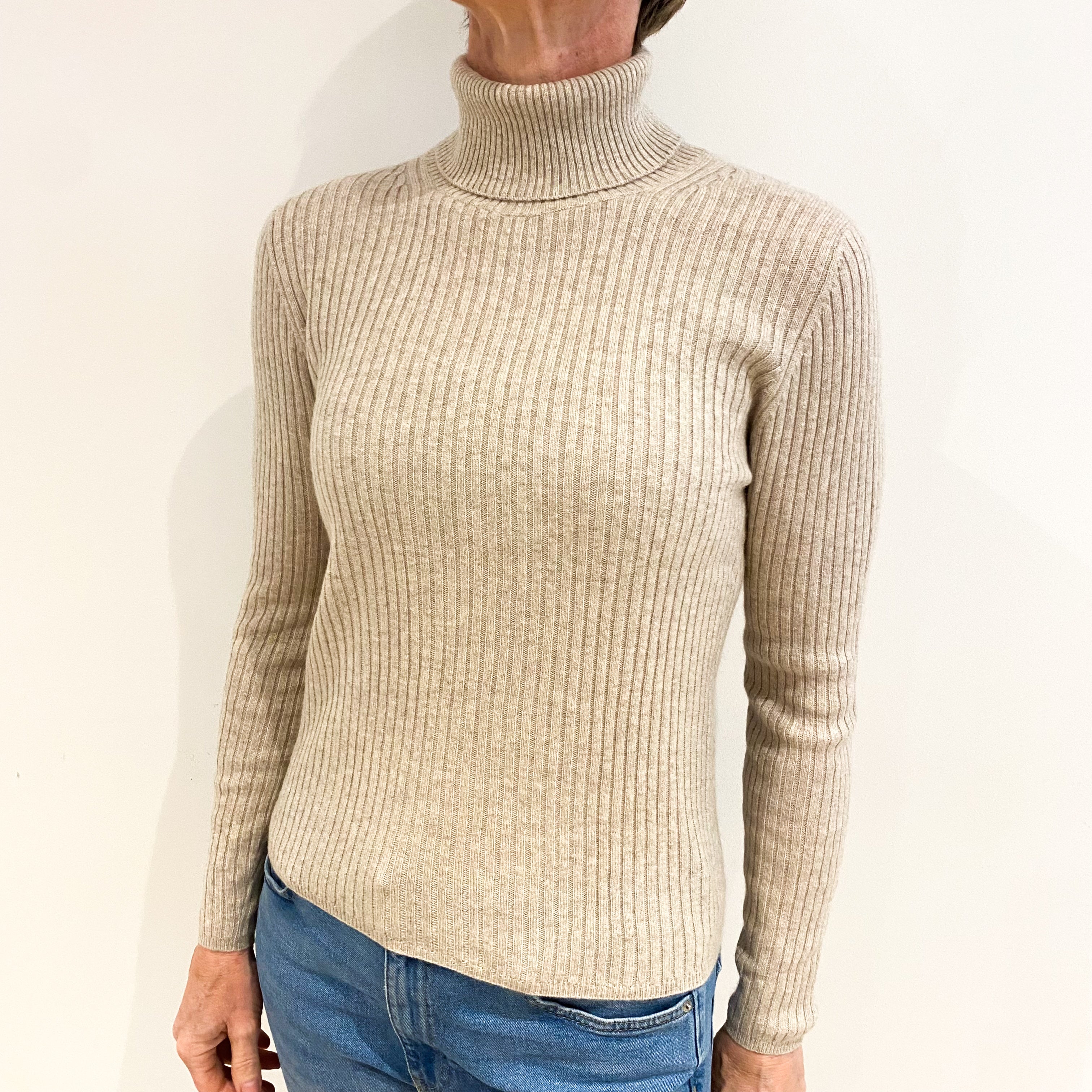 Oatmeal Beige Cashmere Polo Neck Jumper Small