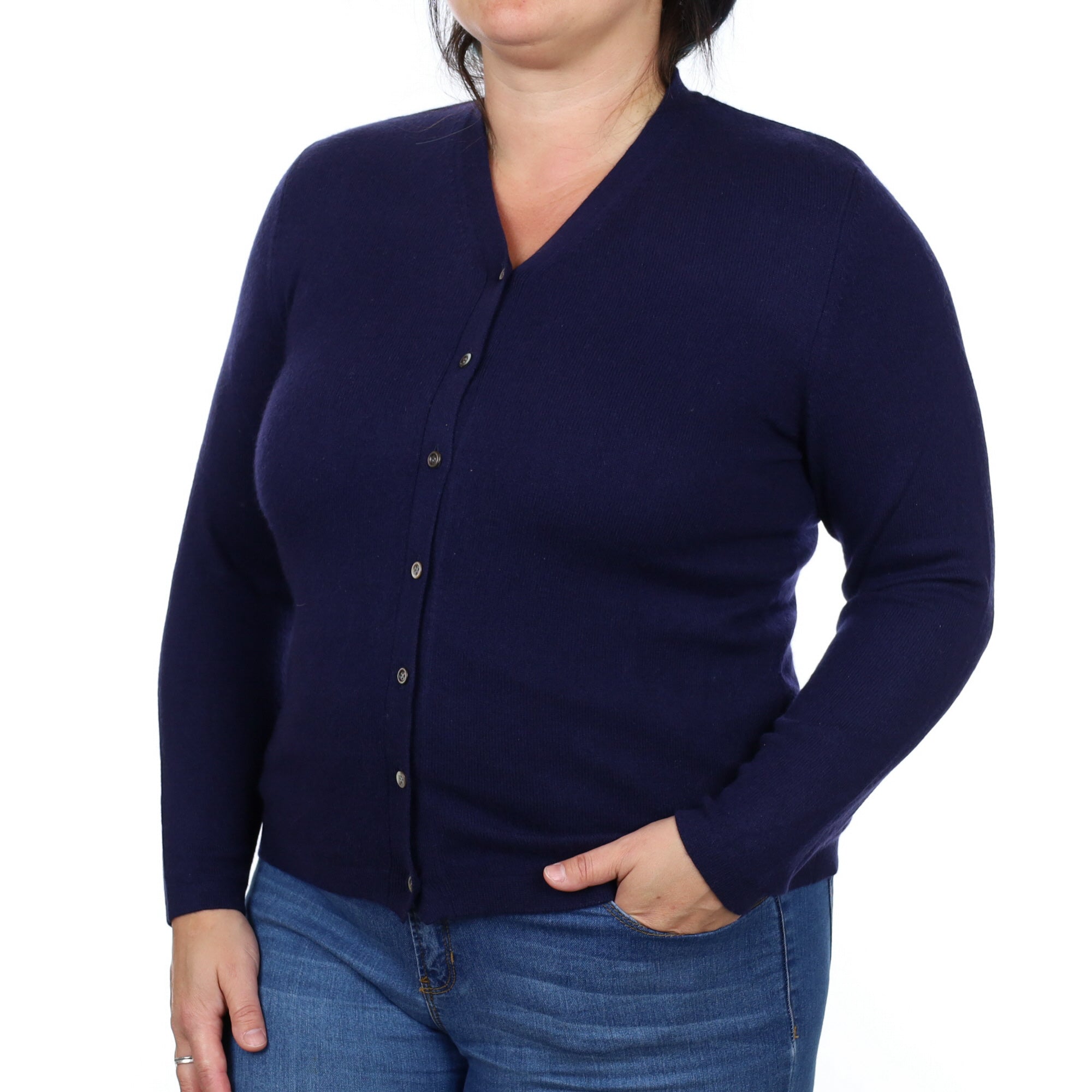 French Navy Cashmere V Neck Cardigan Large