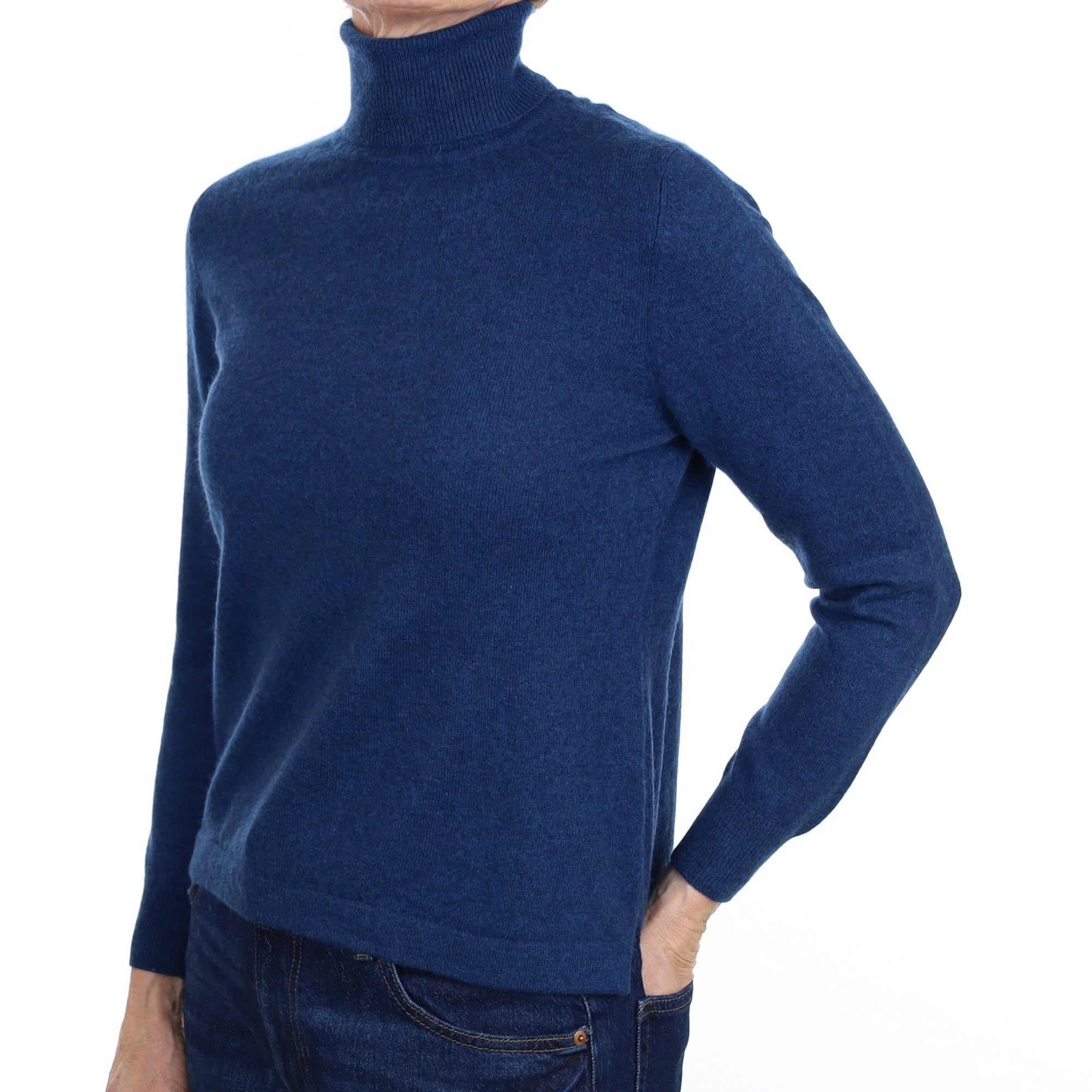 Deep Ocean Blue Cashmere Polo Neck Jumper Small