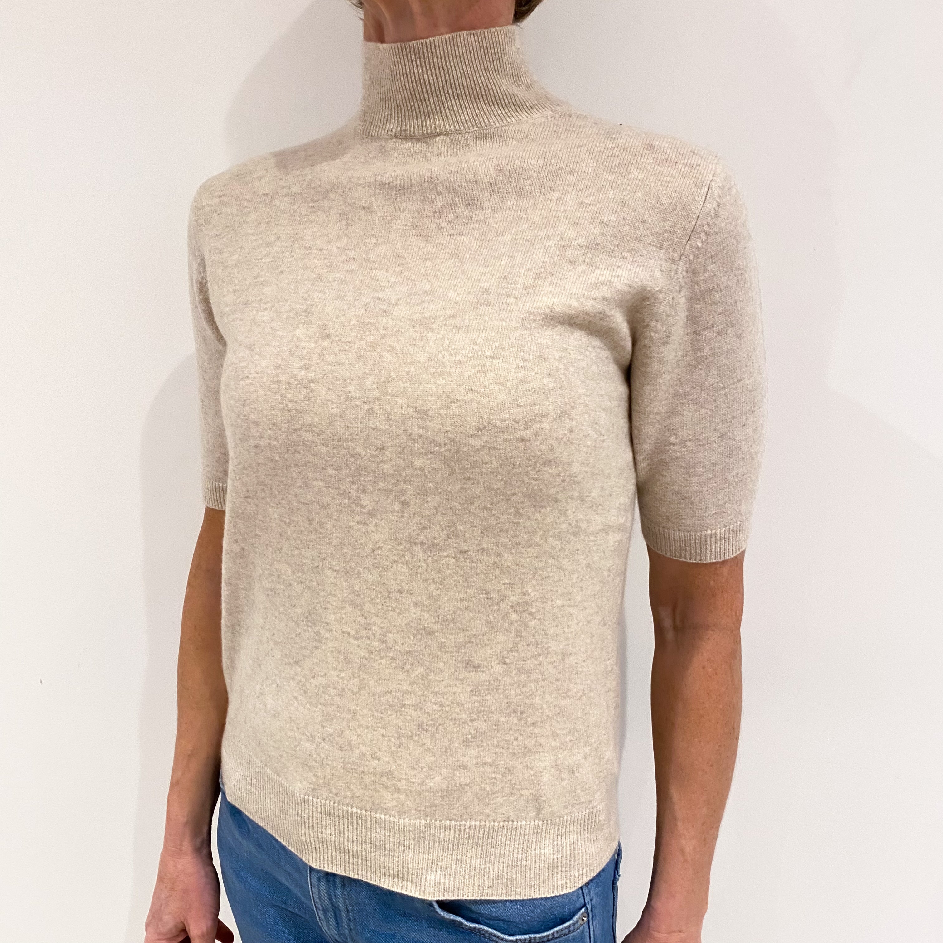Honey Beige Cashmere Short Sleeved Turtle Neck Jumper Small