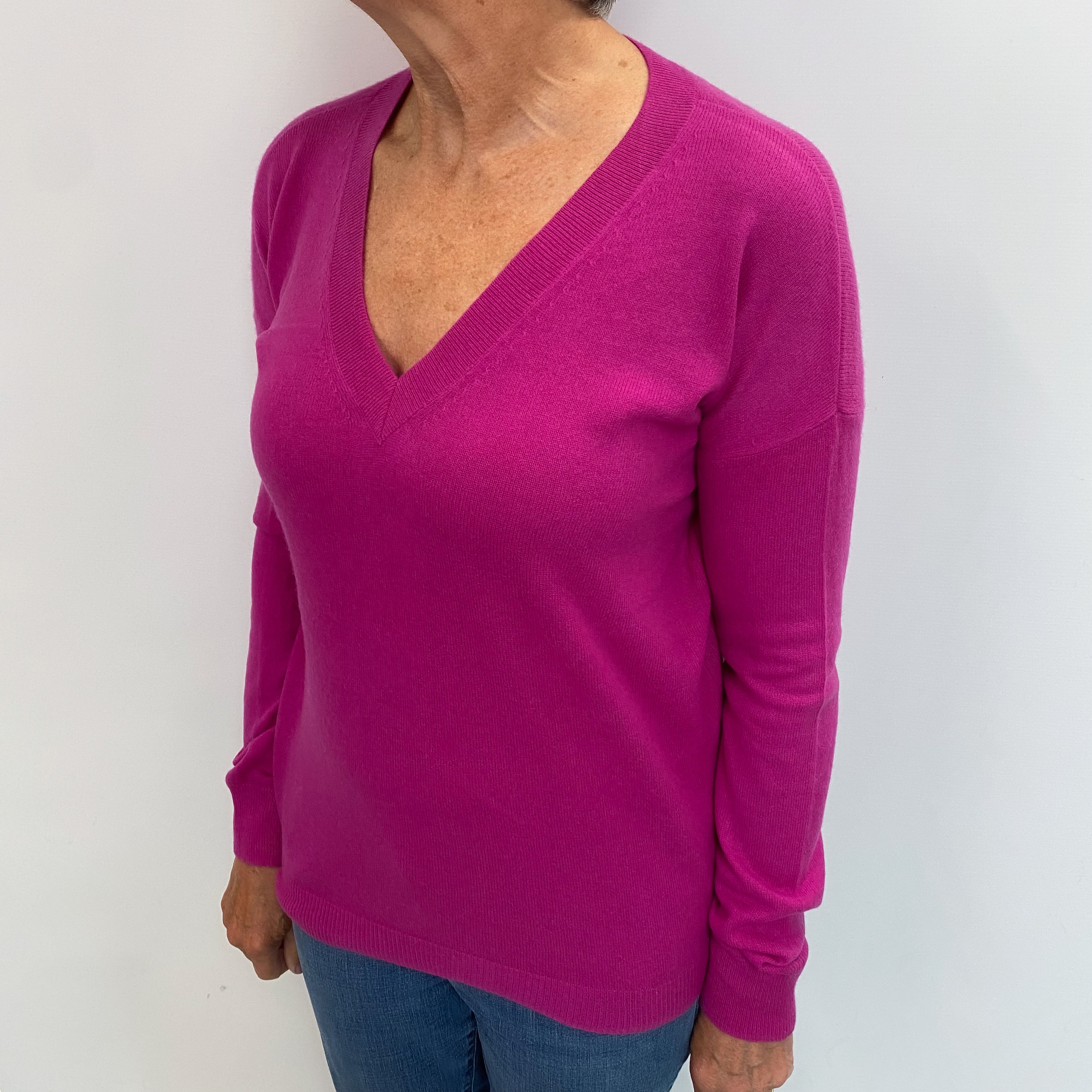 Magenta Pink Cashmere V Neck Jumper Medium